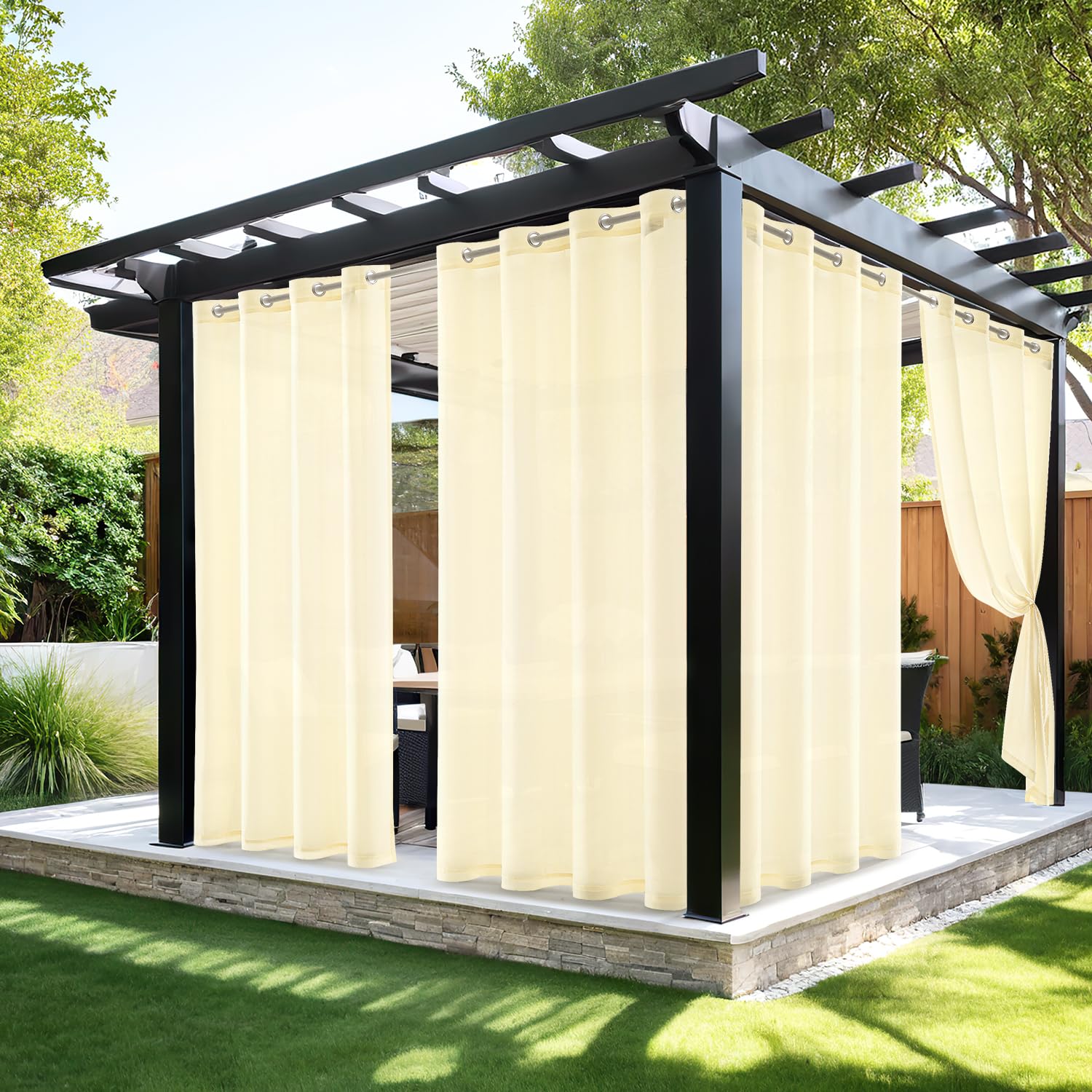 MIULEE Tende per Esterni Impermeabile con Occhielli 2 Pannelli, Tende da Esterno in Voile Semi-Trasparenti per Giardino, Balcone e Gazebo, Beige 140×240cm