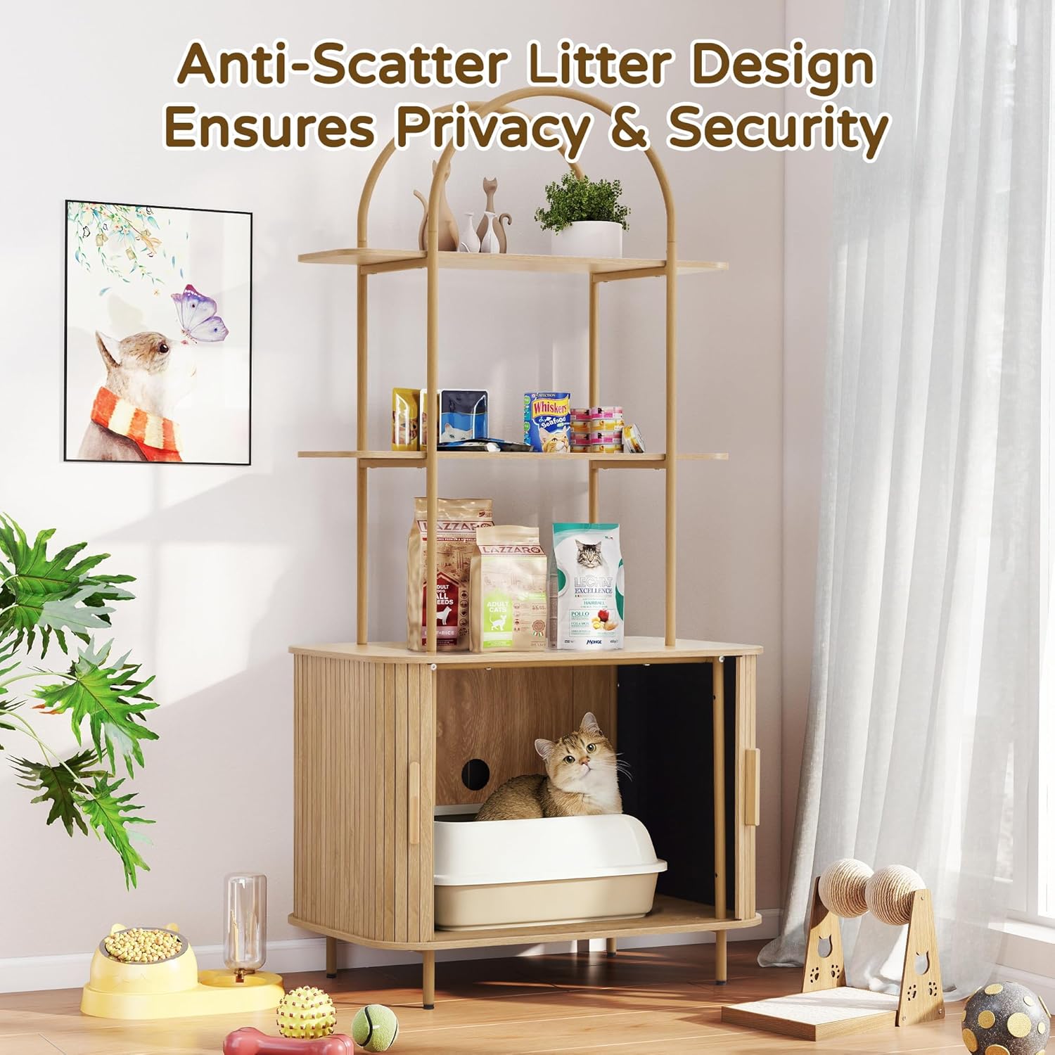 Cat Litter Box Enclosure with Shelves, 62" Natural Wooden Sliding Door Hidden Litter Box Cabinet, Modern Cat Litter Box Furniture Cat Litter House Pet House for Living Room
