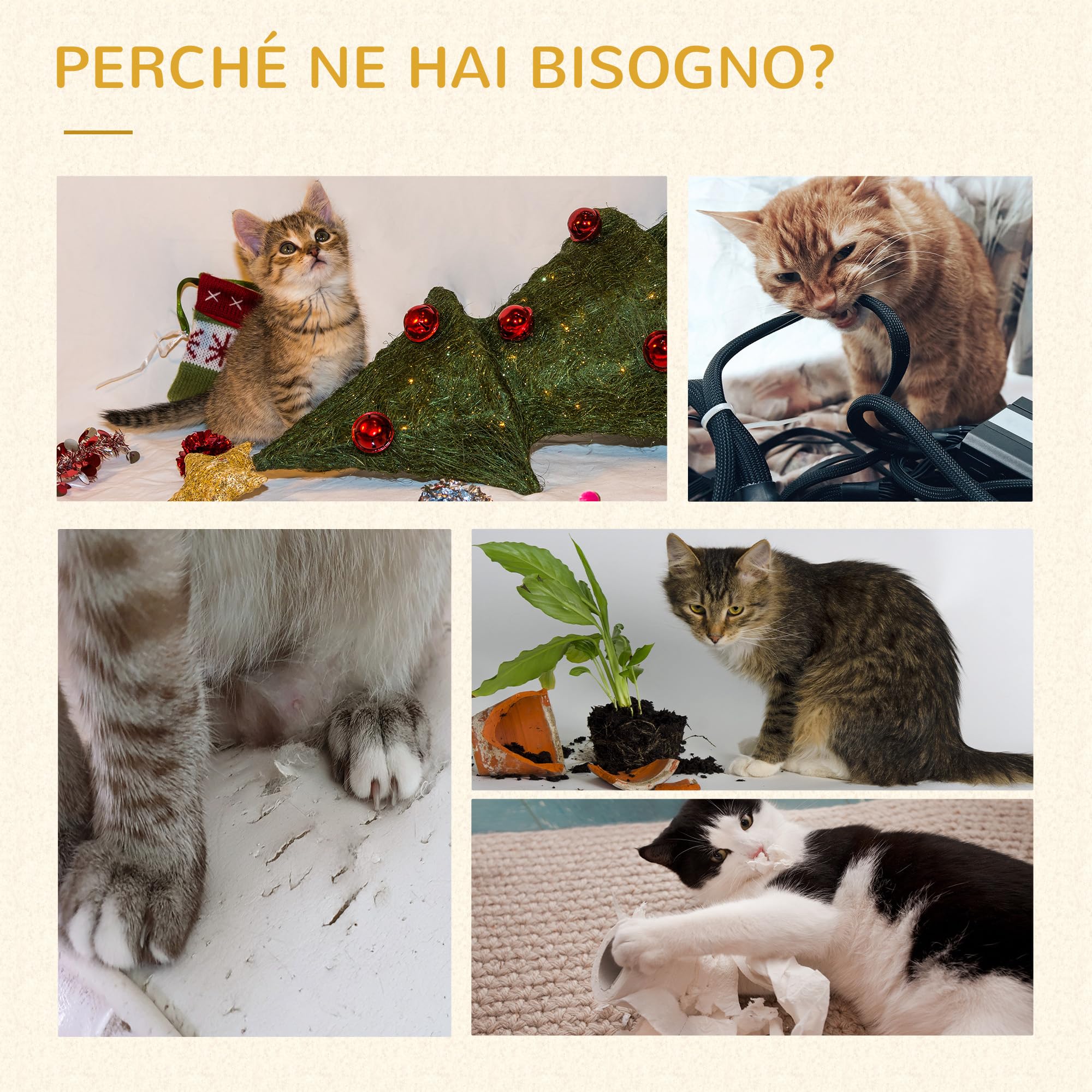 PawHut Tiragraffi per Gatti con 2 Pali 48x40x126 cm Beige e Color Legno | Casetta, Amaca, Lettino, 2 Palline Giocattolo, Albero per Gatti in Legno, Peluche e Sisal