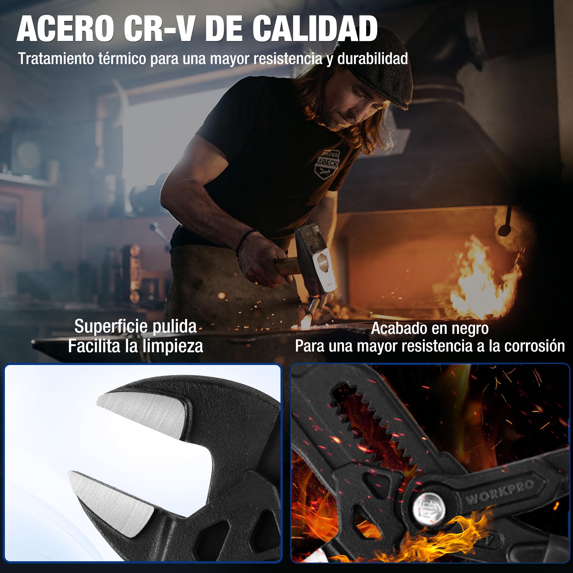 WORKPRO Tenaza Llave de 2 Piezas, 180mm/255mm, Juego de Llave de Alicate de Cr-V, Llave Ajustable, Tenazas con Mandíbula de Autoajuste, Apertura Máxima de Mandíbula 40mm/50mm