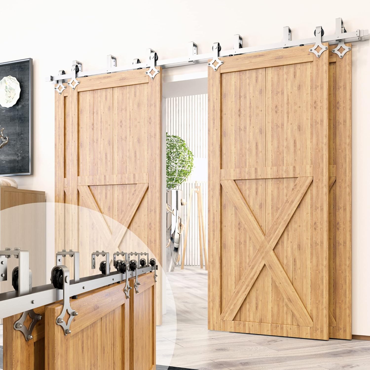 Homacer Brushed Nickel Double Track U-Shape Bypass Sliding Barn Door Hardware Kit, for Four Doors, 18ft Long Flat Track, Diamond Design Roller
