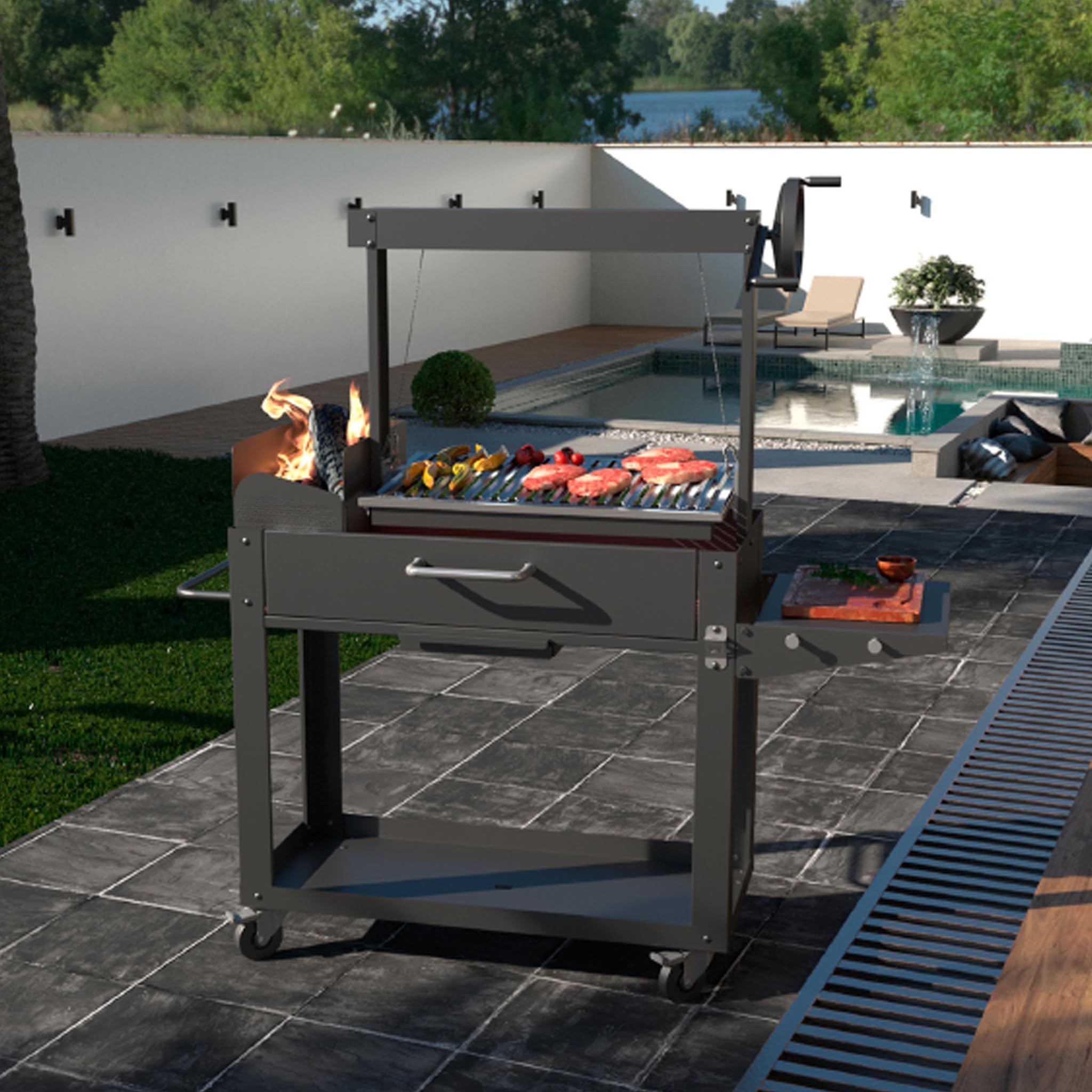 Barbecue a Legna o Carbone "LNG" con Griglia Regolabile a Manovella – Struttura Robusta con Mensola Ribaltabile e Portalegna