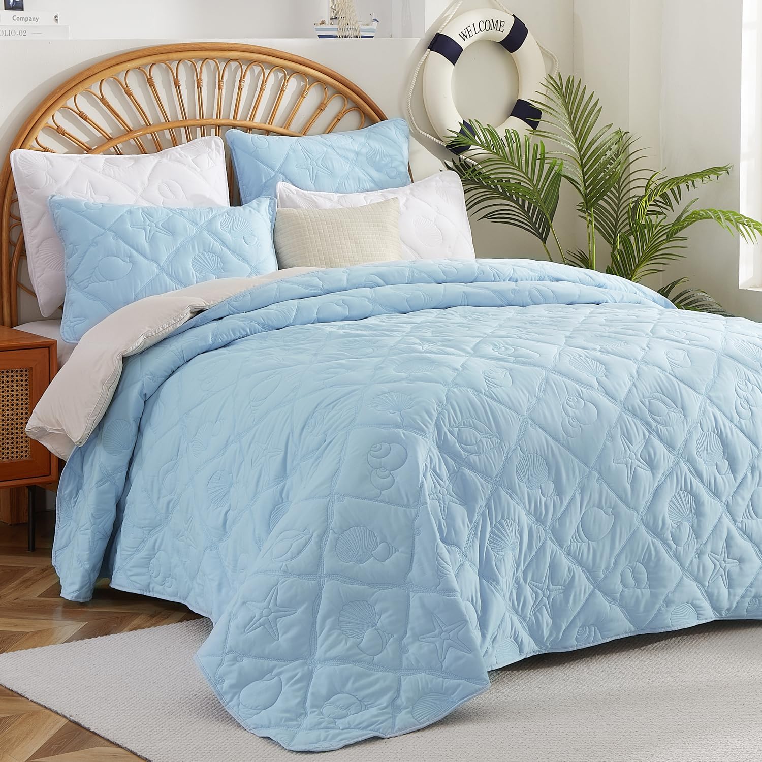EVENHUG Coastal Quilt Sets King Size Summer Soft Lightweight Beach Bedding Set with Pillow Shams Nautical Bedspread Coverlet for All Season (Blue 102''x92'')