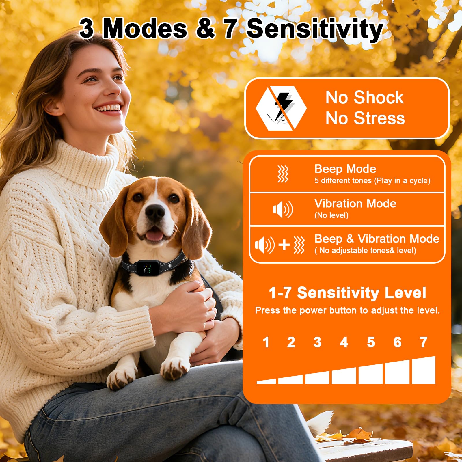 Dog Bark Collar, Bark Collar for 5-60LBS Small & Medium Dogs, IPX7 Waterproof Rechargeable Training Bark Collar, Anti Barking Collar with 3Modes, 5 Beep & 7-Level Sensitivity(Black) - 3