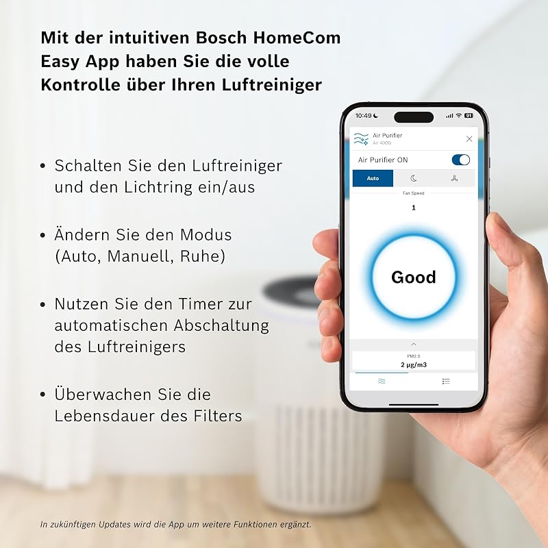 Bosch Thermotechnik Air 4000i alkalmazás vezérelt légtisztító 62,5 m2 3 az 1-ben szűrő okos szenzor éjszakai 25 dB 300 m3 óránként