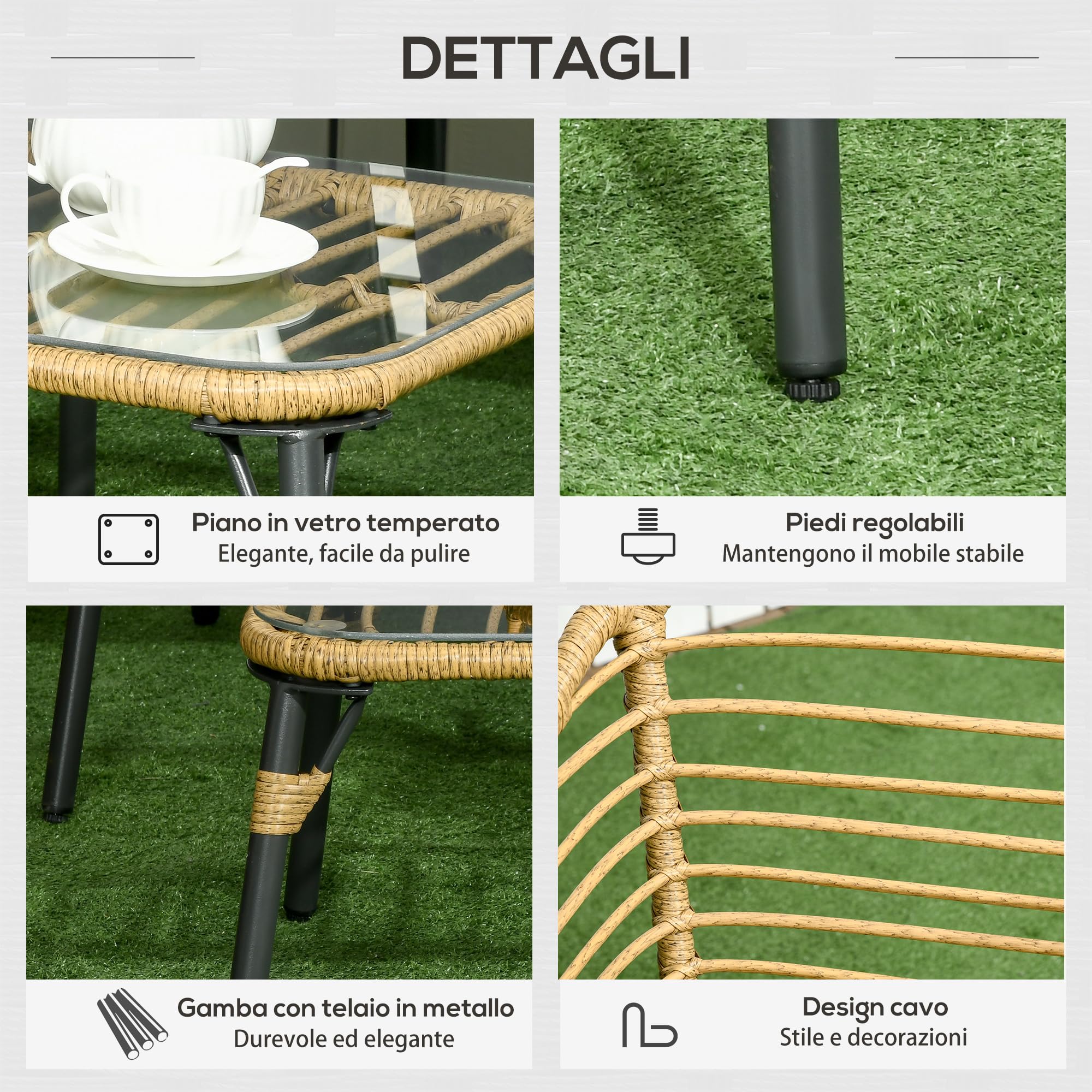 Outsunny Set Mobili da Giardino in Rattan 4 Pezzi Marrone e Grigio Scuro | Salotto da Giardino Esterno, Divanetto 2 Posti, 2 Poltrone con Cuscini, Tavolino con Piano in Vetro, Piedi Regolabili