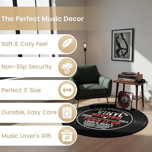 Miniatura 5 de Alfombra redonda para discos de vinilo de 3 x 3 pies, alfombra redonda con temática musical para dormitorio, estudio o aula, alfombra retro para