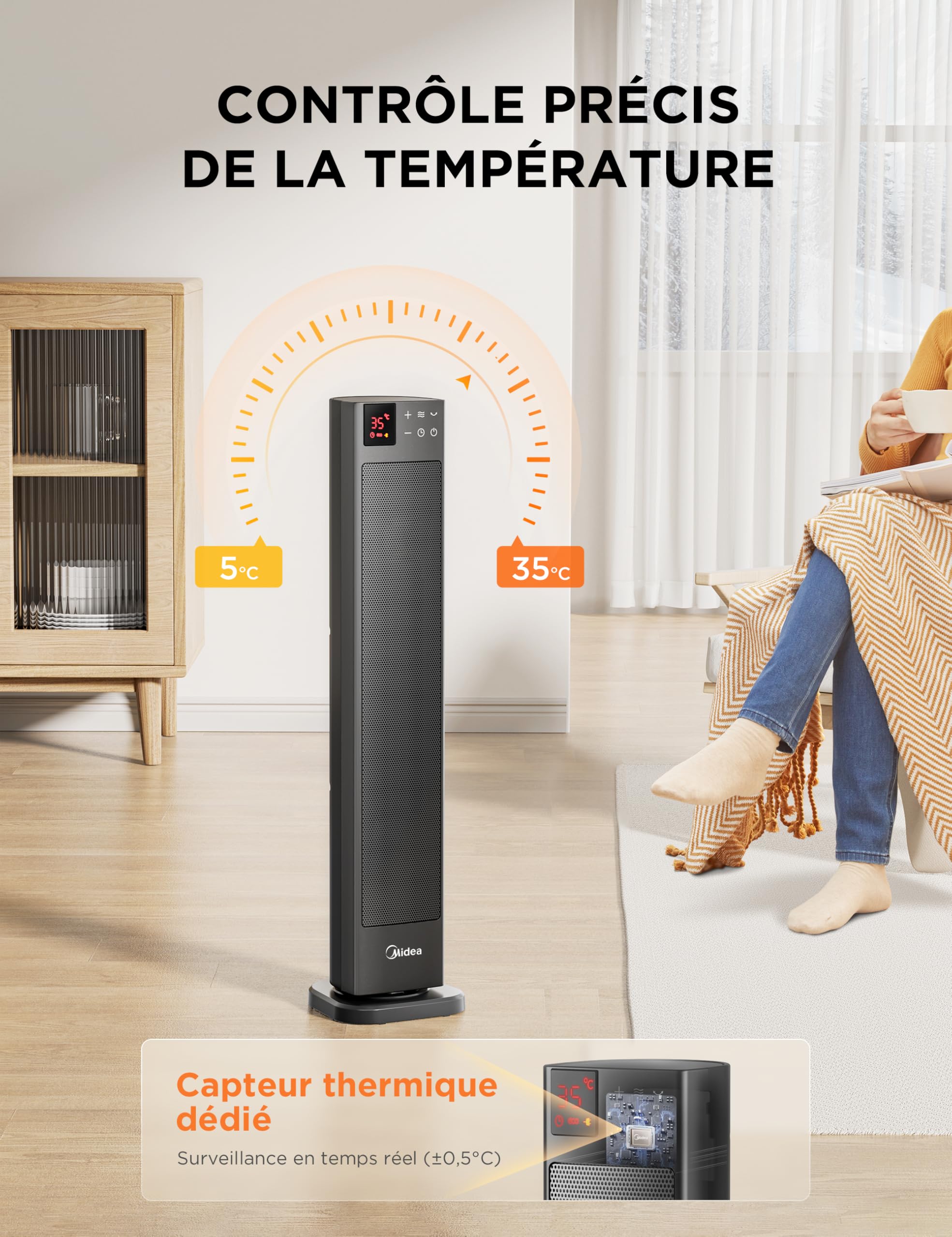 Midea NTH20-22GR(GR) Radiateur Céramique 2000W avec Thermostat et Télécommande, 76 cm, 3 Modes Minuterie 24H, Protection Surchauffe/Bascule, Chaleur Instantanée Bureau Chambre