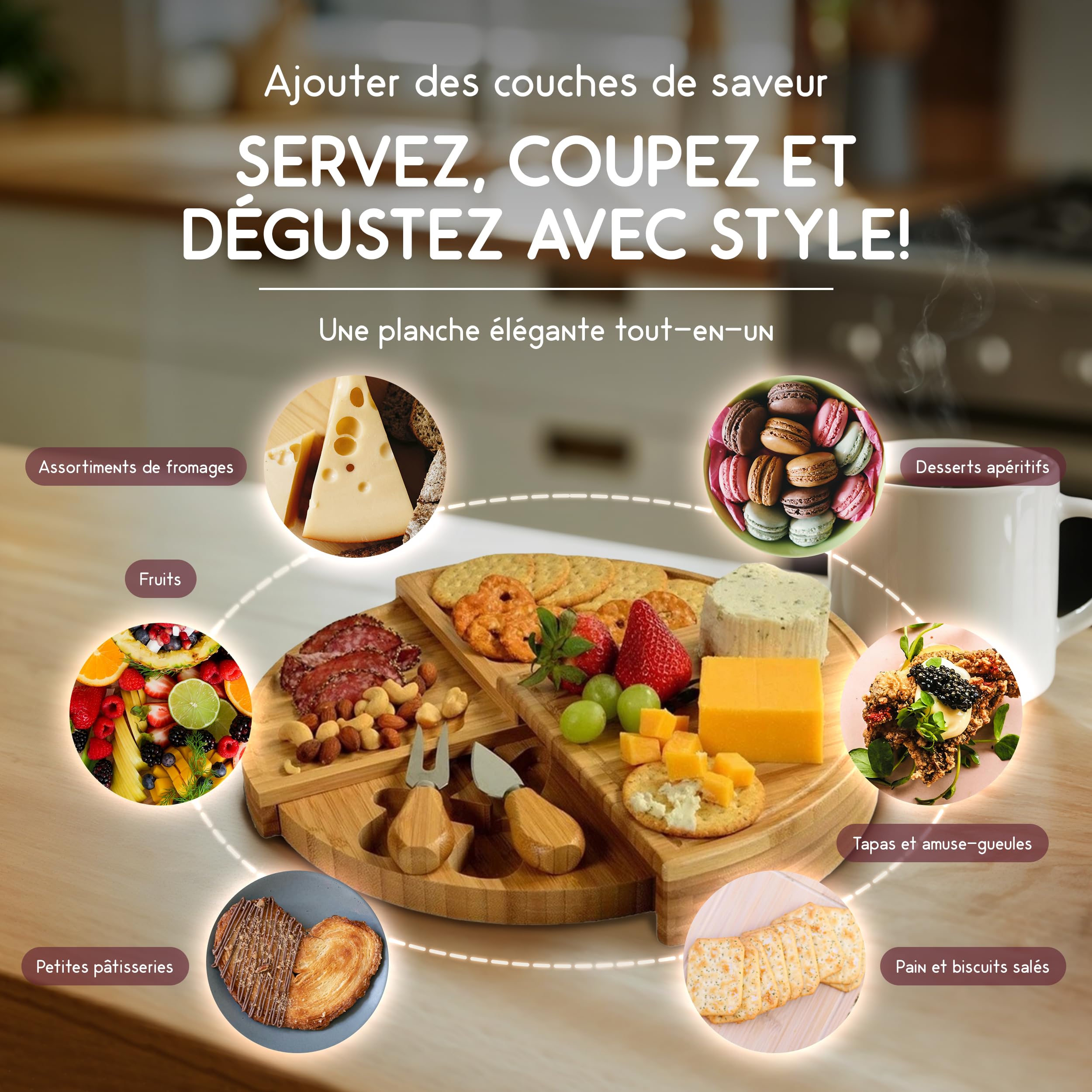 Plateau à Fromage Rond en Bambou avec Couteau à Fromage, Plateau de Service Tournant en Bois à 4 Couches, Plateau en Bois Coulissant pour Charcuterie, Amuse-Bouches et Planche Apéro.