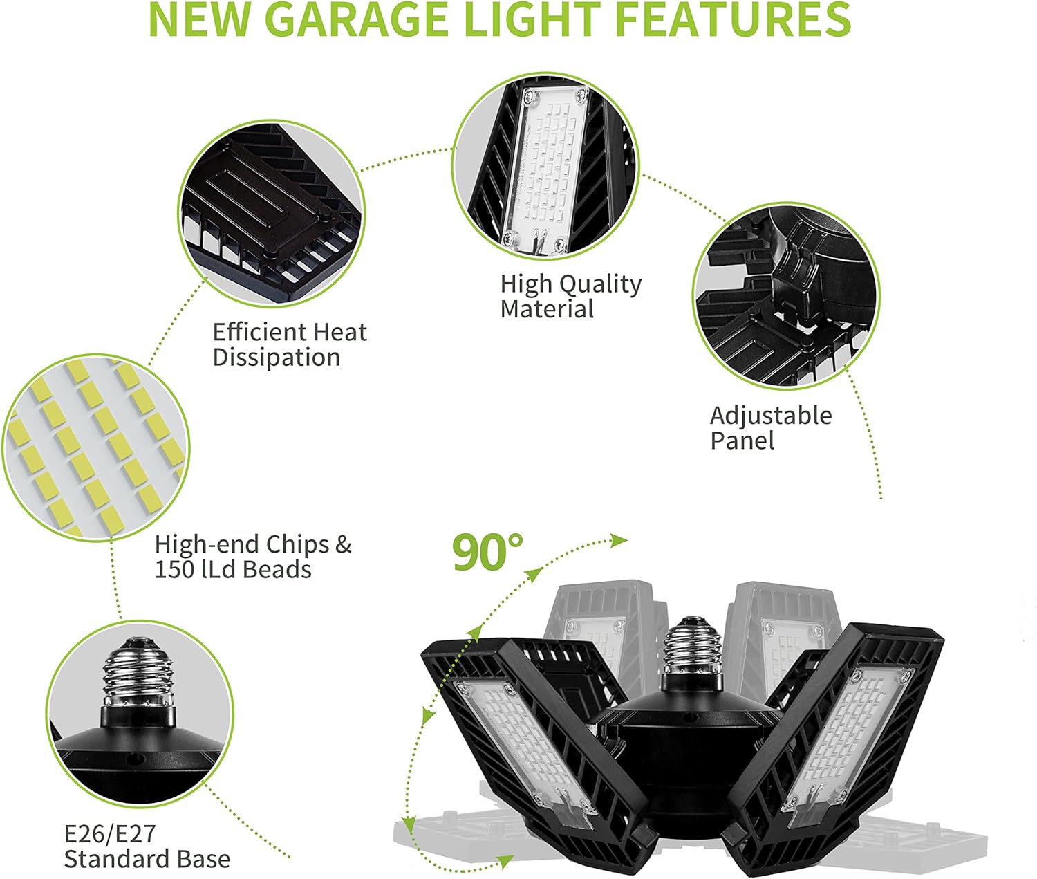 Led Garage Light, 100w 12000lm Garage Ceiling Lights, 6500k E26/E27 Led Shop Light with 4 Adjustable Panels for Garage Workshop Warehouse Basement High Bay Light