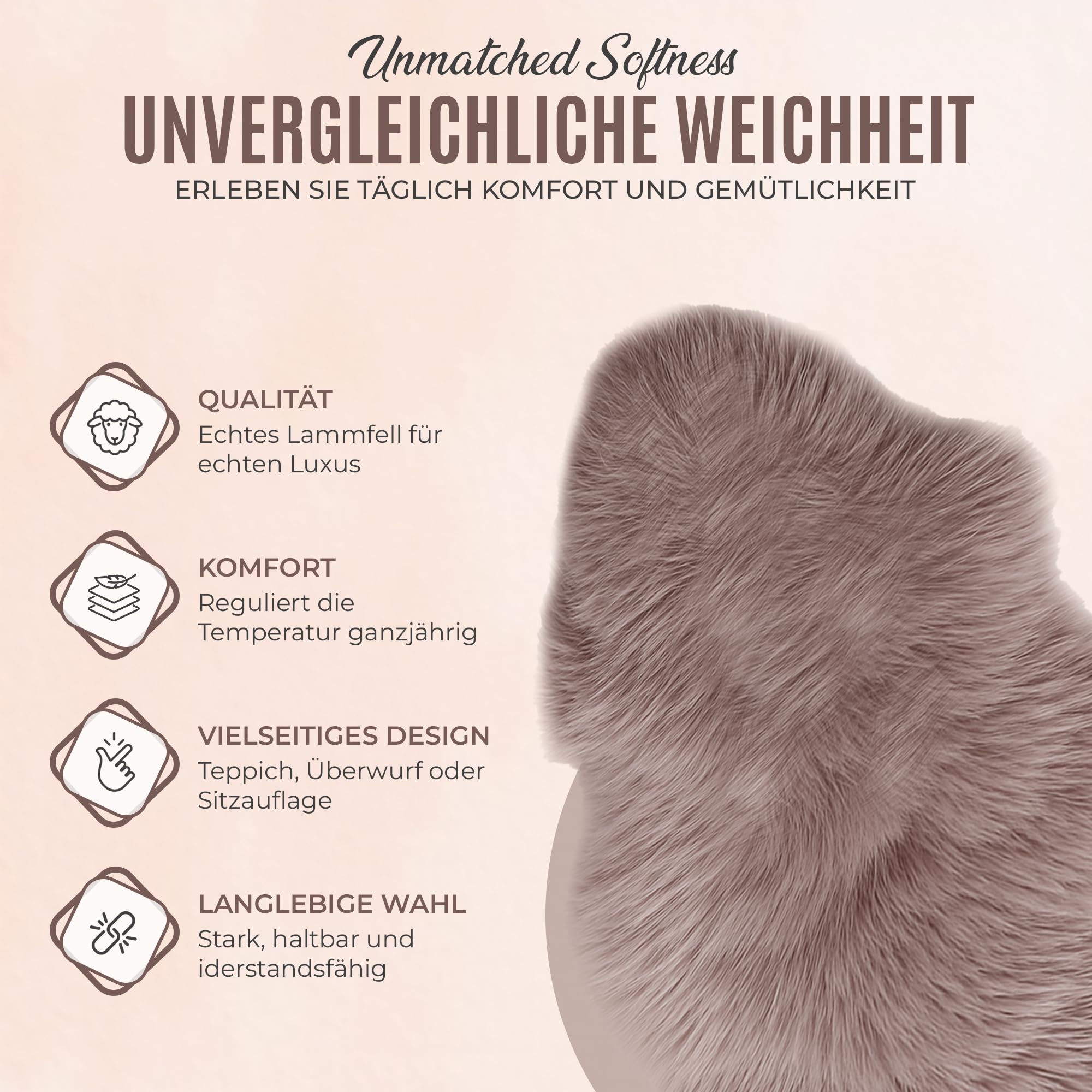 Schaffell Teppich Echtes Lammfell 100% Naturfell Weicher Sheepskin Teppich, Flauschiger Schafspelz als Bettvorleger, Sitzfell Deko Fell für Sofa & Wohnzimmer (Taupe, L: 100 bis 110cm)