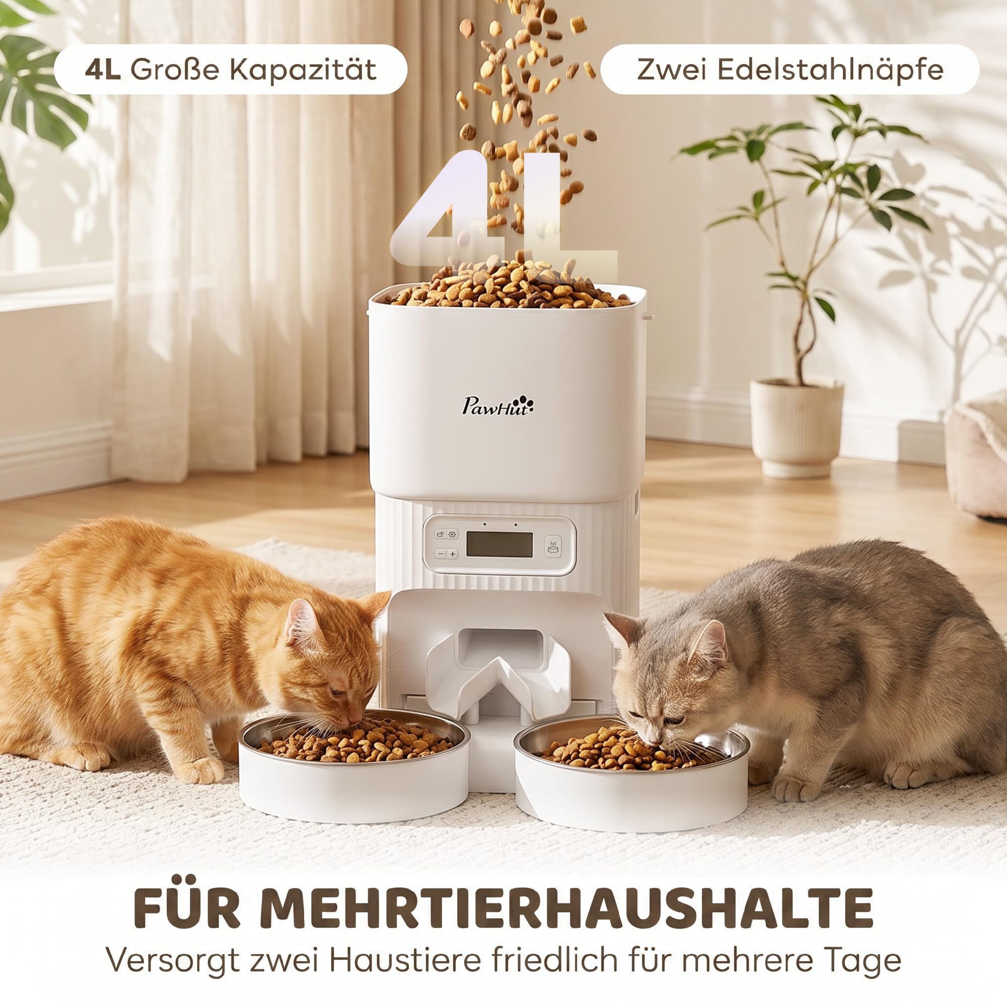 PawHut Mangiatoia automatica per gatti, 4 l, con 2 ciotole in acciaio inox, 1-6 pasti al giorno, design anti-intasamento, display LCD, mangiatoia per gatti e cani