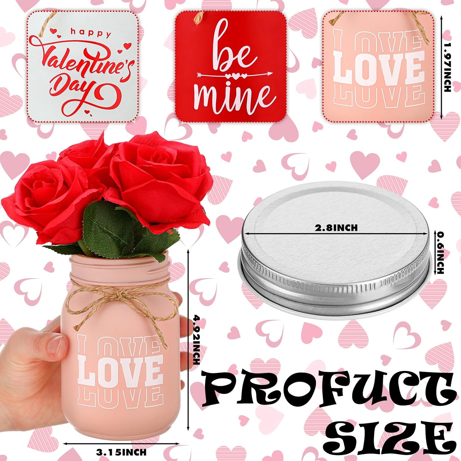Ziliny 3 Set Valentines Centerpieces for Tables Valentines Day Table Decor Including 3 Pcs Decorative Mason Jars and 3 Pcs Bundle Red Roses for Home Office Bathroom Decor image 2