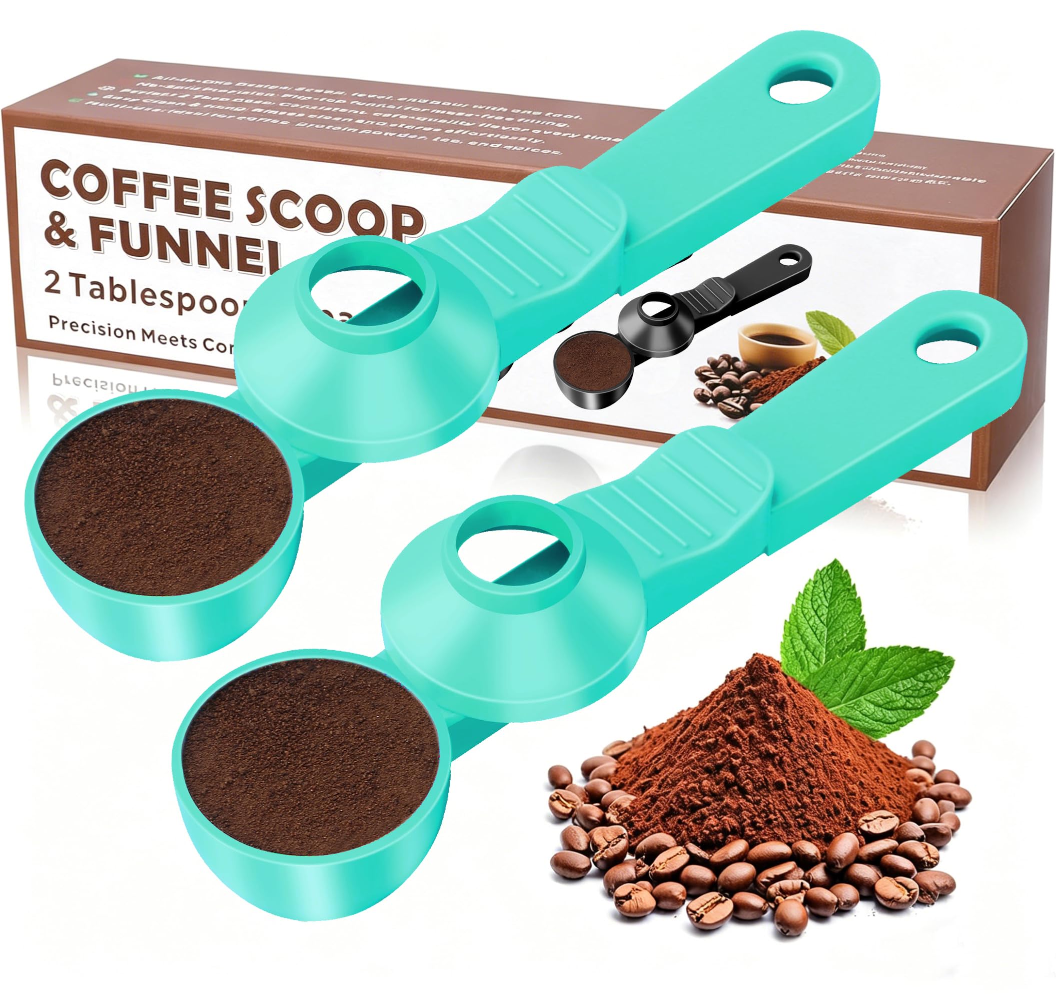 2-in-1 Coffee Scoop with Funnel, 2 Tbsp Measuring Spoon for Reusable K Cups, Ground Coffee, Protein Powder & Tea, Mess-Free Plastic Design（Light Green-2pack）