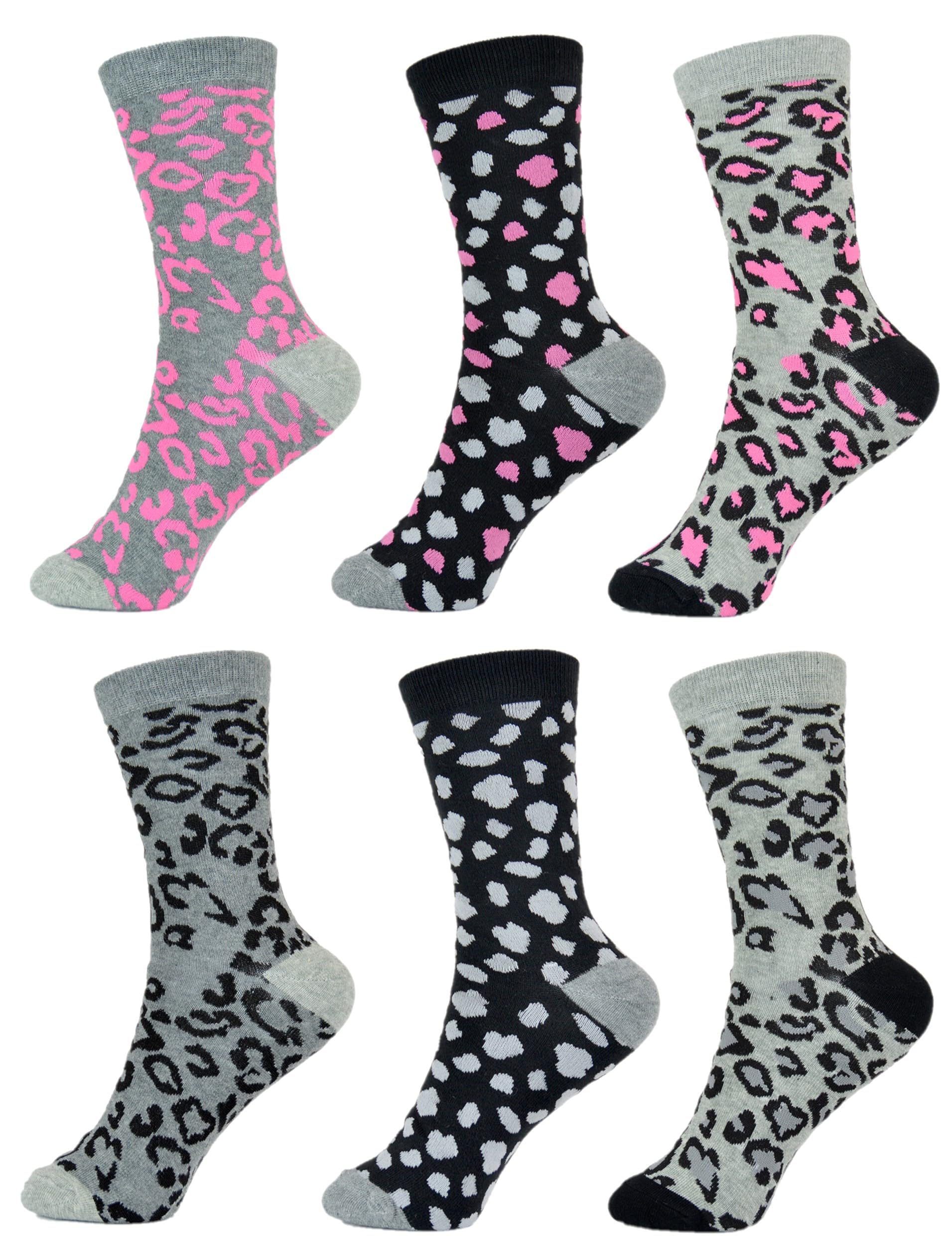 Thingimijigs 6 Pairs Ladies Leopard Pattern Socks Grey Black and Pink Cotton Blend Animal Print Ankle Socks