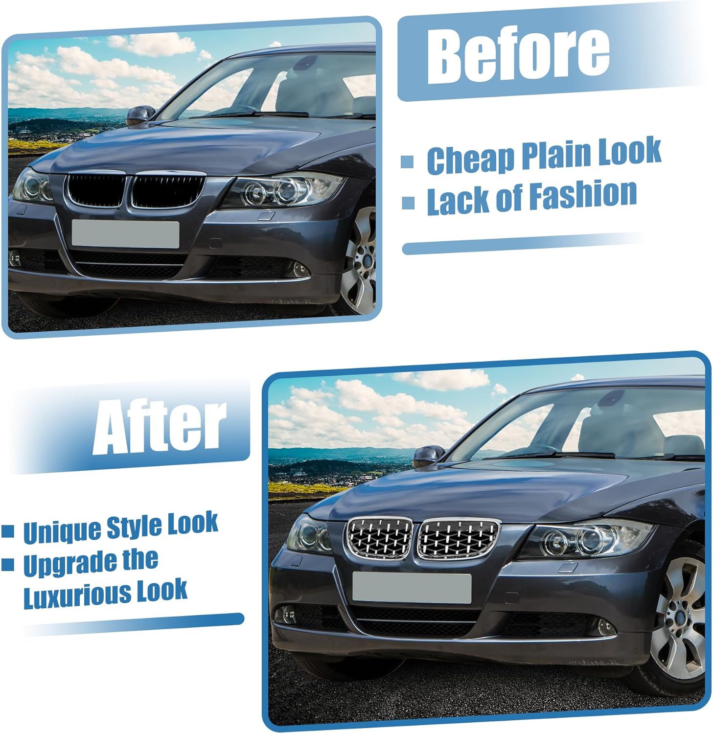 X AUTOHAUX Front Hood Bumper Grille Grill for BMW 328i 335i XDrive No.51137254967/51137254968 Front Bumper Kidney Grille Grill Diamond Star Silver Tone 1 Pair