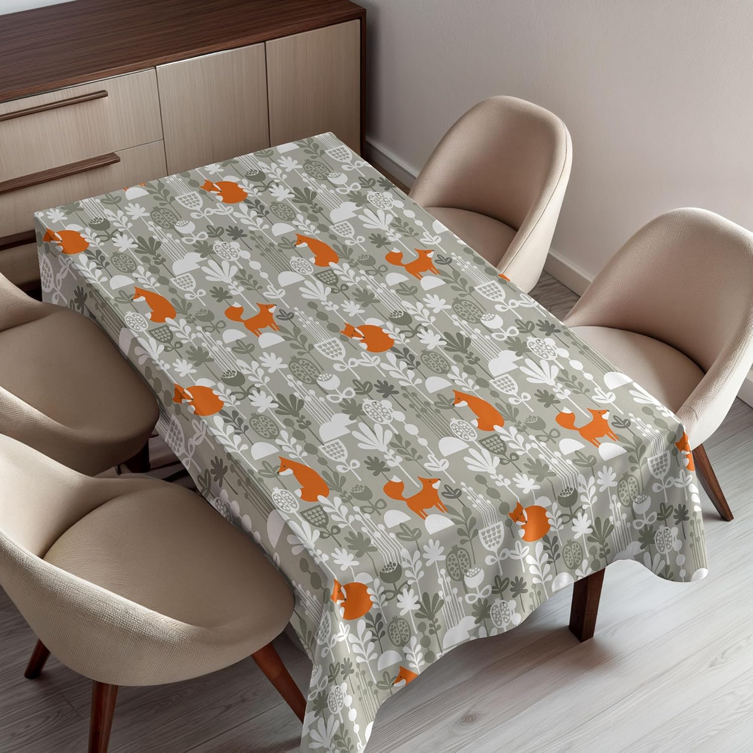 Ambesonne Fox Tablecloth, Fox in The Winter Forest Abstract Cartoon Trees and Nature Animal Pattern, Dining Room Kitchen Rectangular Table Cover, 52" X 70", Green White