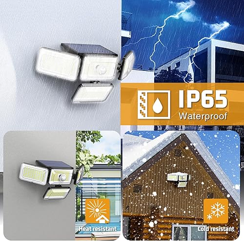 Miniatura 4 de Luces solares para exteriores, 308 luces LED con sensor de movimiento IP65, impermeables, 4 cabezales, luces solares de pared para jardín exterior,