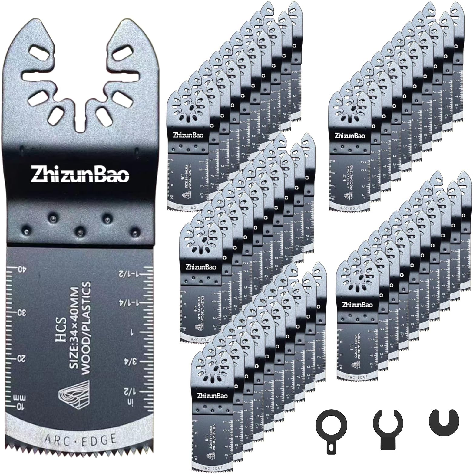 50pcs Curved-Edge Multi Tool Blades Kits: Universal Oscillating Saw Blades for Clean Cuts in Wood and Plastic. These Multitool Blades Fit Dewalt, Ryobi and Other Oscillating Tools