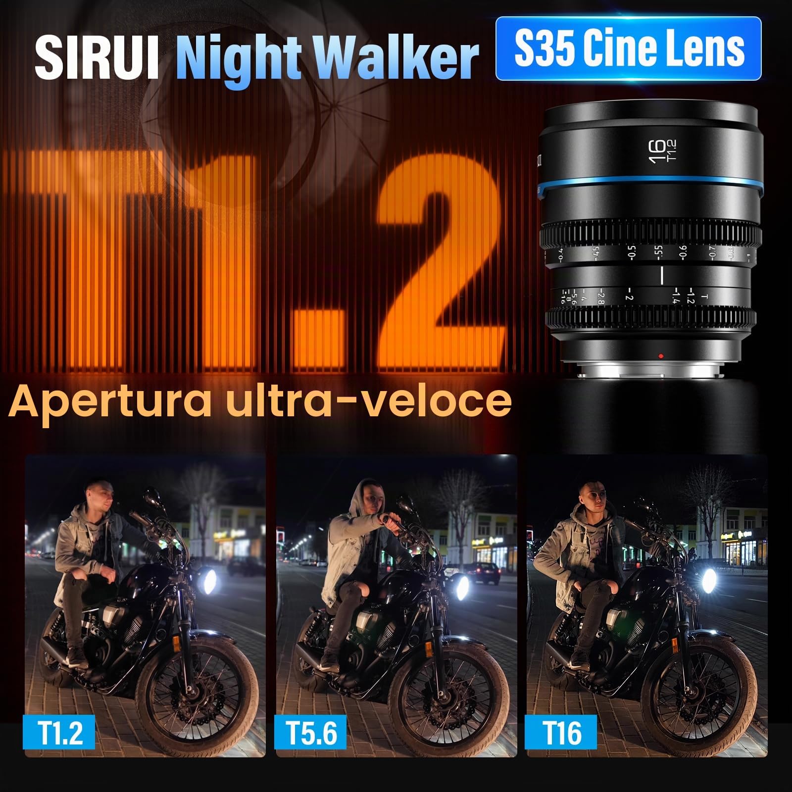 SIRUI Night Walker 16mm T1.2 Obiettivo Cine Formato S35, Grandangolo a Fuoco Manuale con Ampia Apertura, per Fotocamere MFT-Mount, per GH6, GH5II, BMPCC 4K, OM-1, Z CAM (MS16M, Nero)