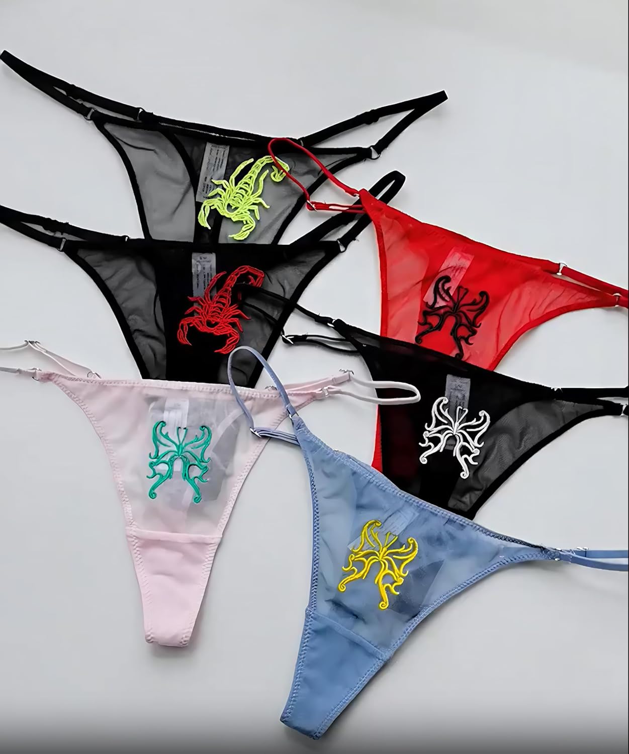 Mesh G-String Thongs for Women Adjustable Sexy Low Rise Underwear Scorpion Embroidered T-back Thongs Panties 3-6 Pack - Image 4