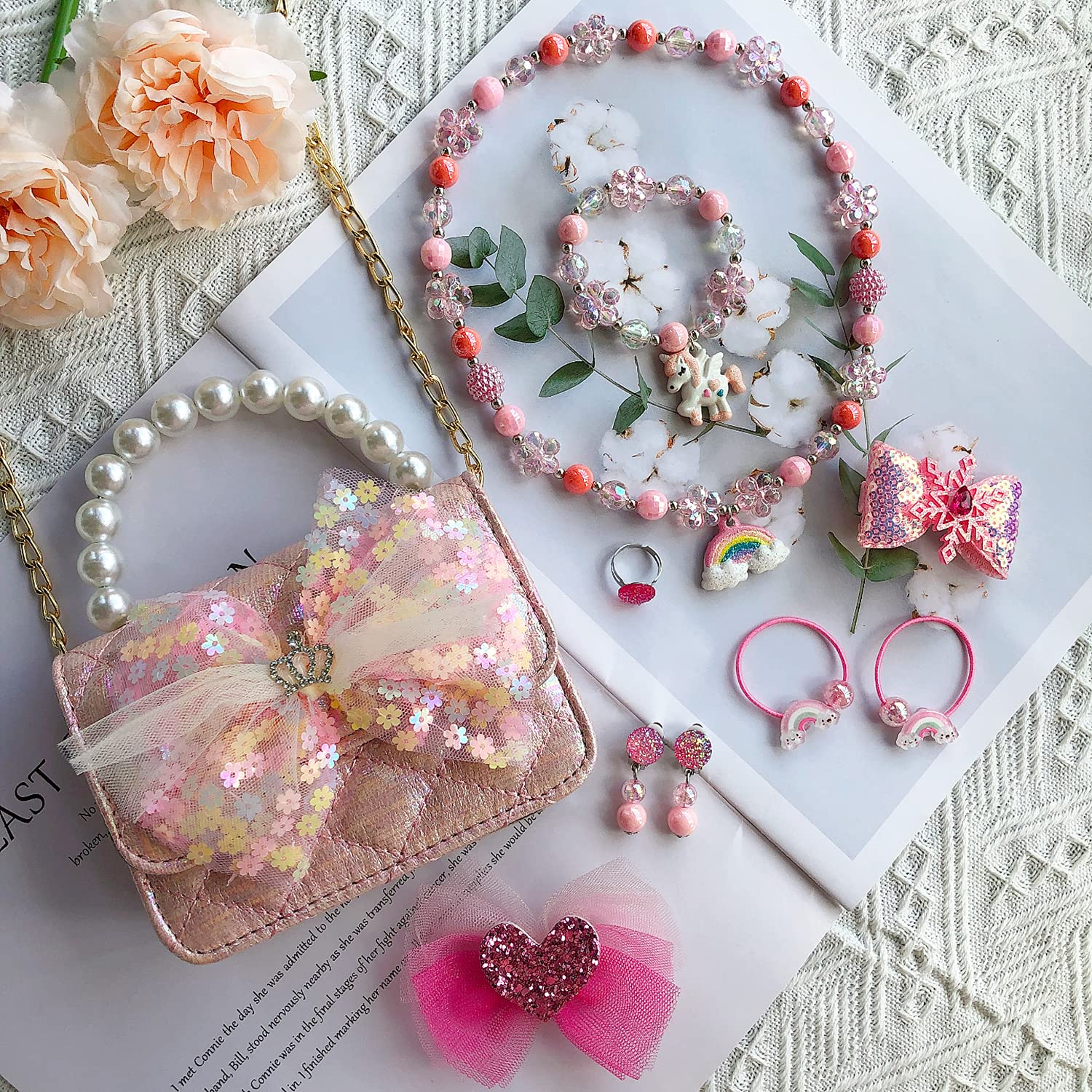 Bolso de mano para niñas pequeñas, juego de simulación, collar, accesorios para el cabello, conjunto de joyas, rosa claro, Metal, Sin piedra preciosa 3