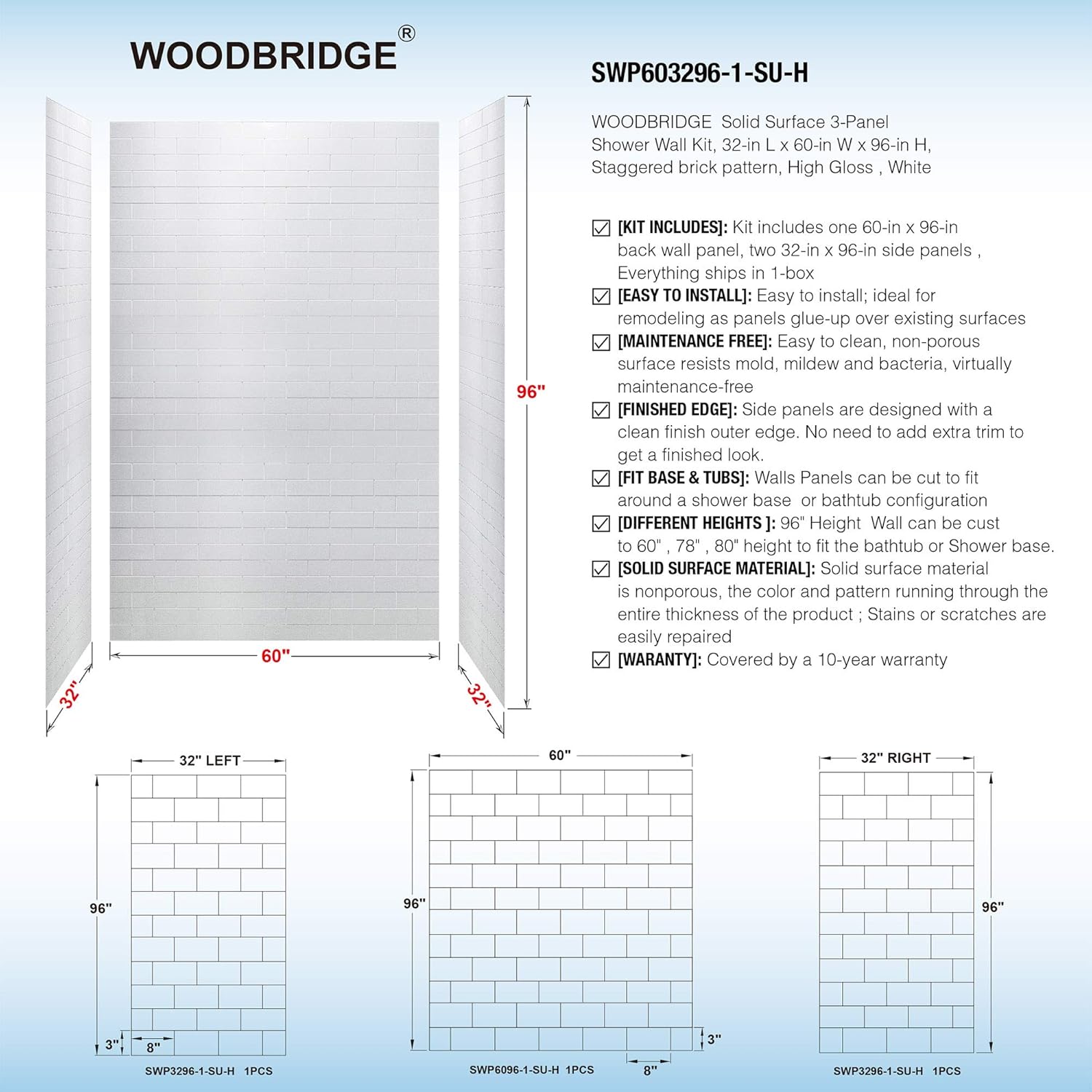 WOODBRIDGE Solid Surface 60" W x 96" H Tile Tub and Shower Wall Panel Surround, Quick Install, Cuttable, Staggered Brick Pattern, 0.138" (3.5mm), High Gloss White Finish