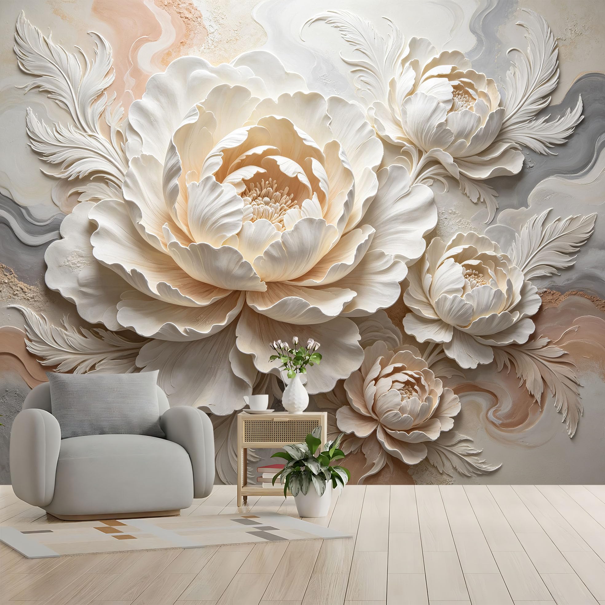Rzeźba 3D, kwiaty, obraz ścienny, piwonie, tapeta z włókniny, nowoczesna, klasyczna roślina, duże kwiaty, ozdoba ścienna 200 x 140 cm, kremowa, beżowa, akcentująca dekoracja ścienna do salonu