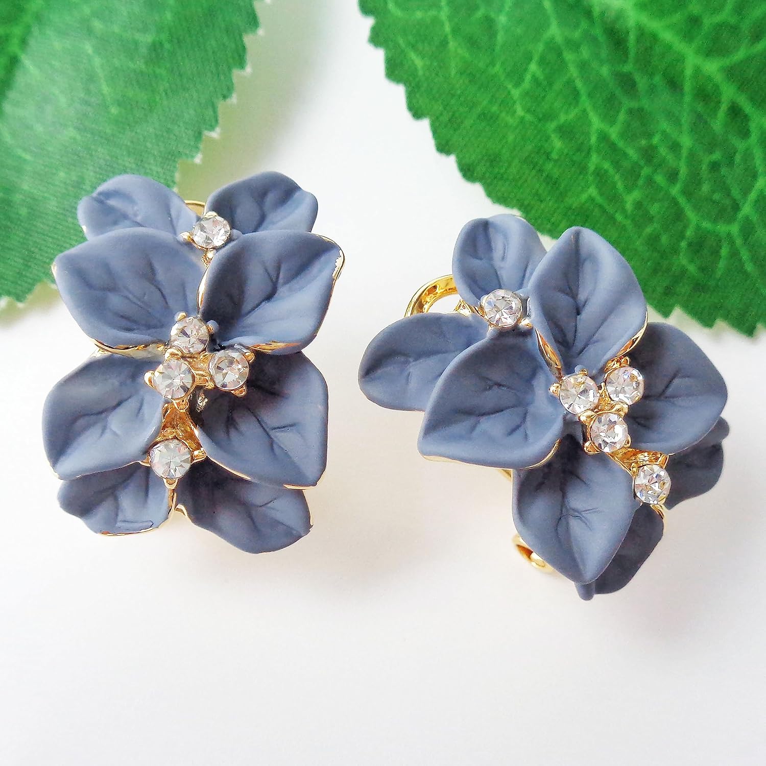 Navachi 18k Gold Plated White Crystal colorful Enamel Leaves Flower Omega Back Earrings - Image 3