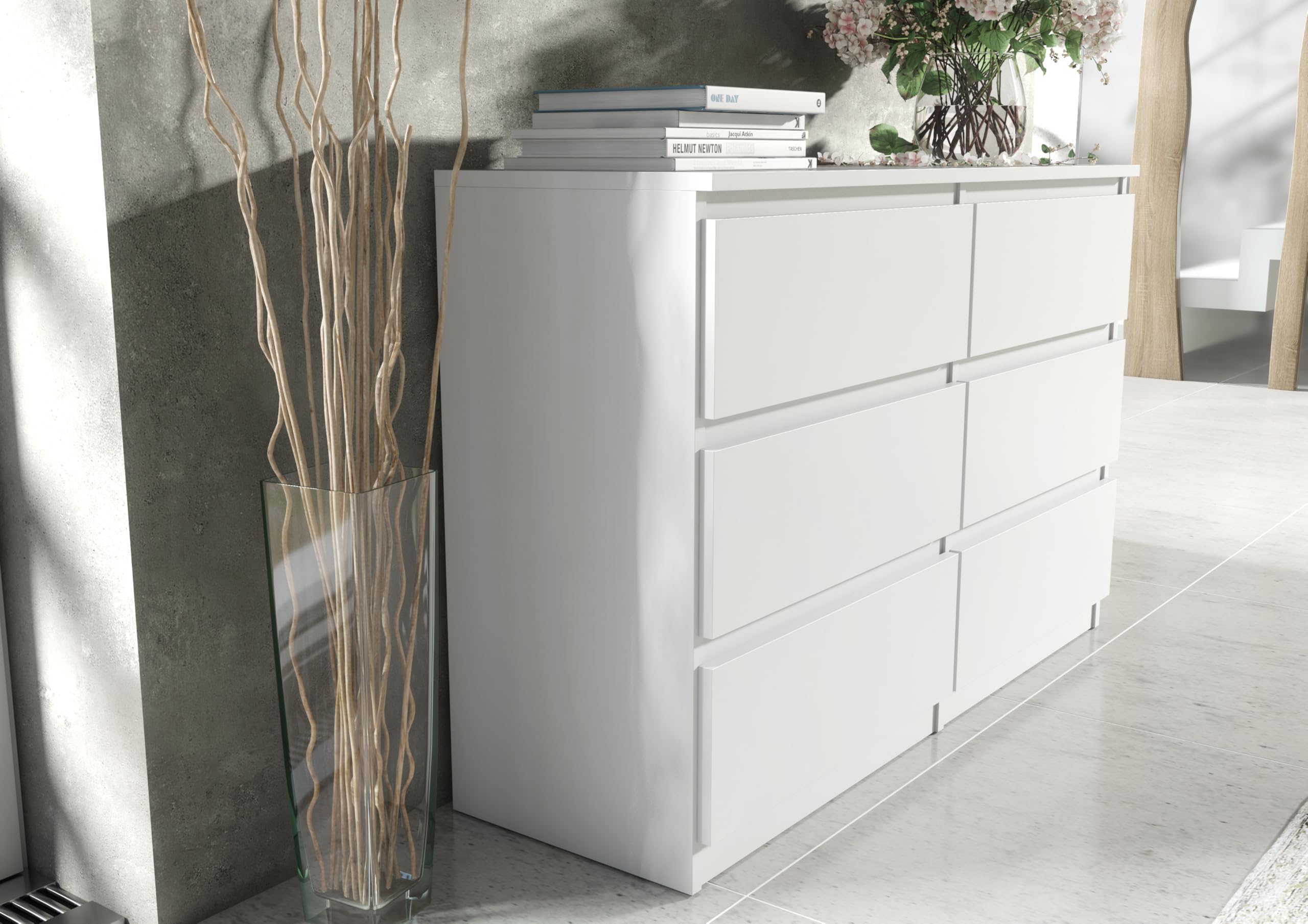 meble masztalerz Commode 138,5 cm avec Façades Mat - avec 6 tiroirs - 138,5x78,5x39 cm - Meuble de Rangement - Commode Chambre - Meuble Salon Classique - Blanc