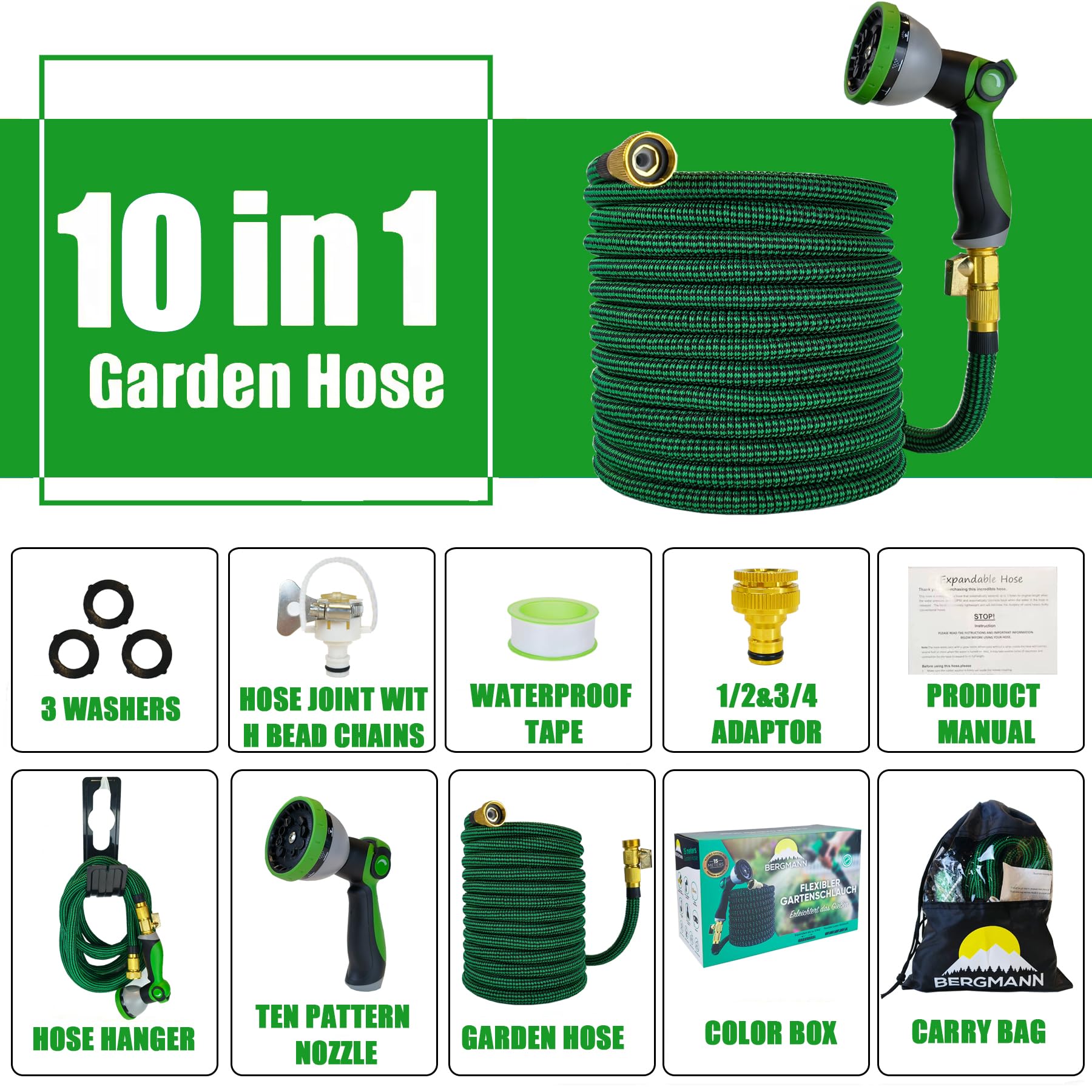 Bergmann® Tubo da giardino flessibile di alta qualità, tubo flessibile con 10 funzioni, tubo flessibile con supporto da parete 3/4 1/2", attacco a 3 canali in lattice (verde, 22 m)