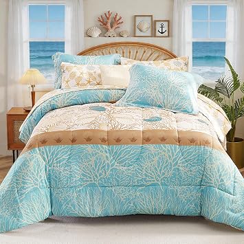 Coastal Comforter Set - 7 Piece Beach Themed Comforters,Reversible Coral Shell Starfish Conch Pattern Printed Bedding Set with Comforter,Flat Sheet,Fitted Sheet and Pillowcases & ShamsKing 104"x90"