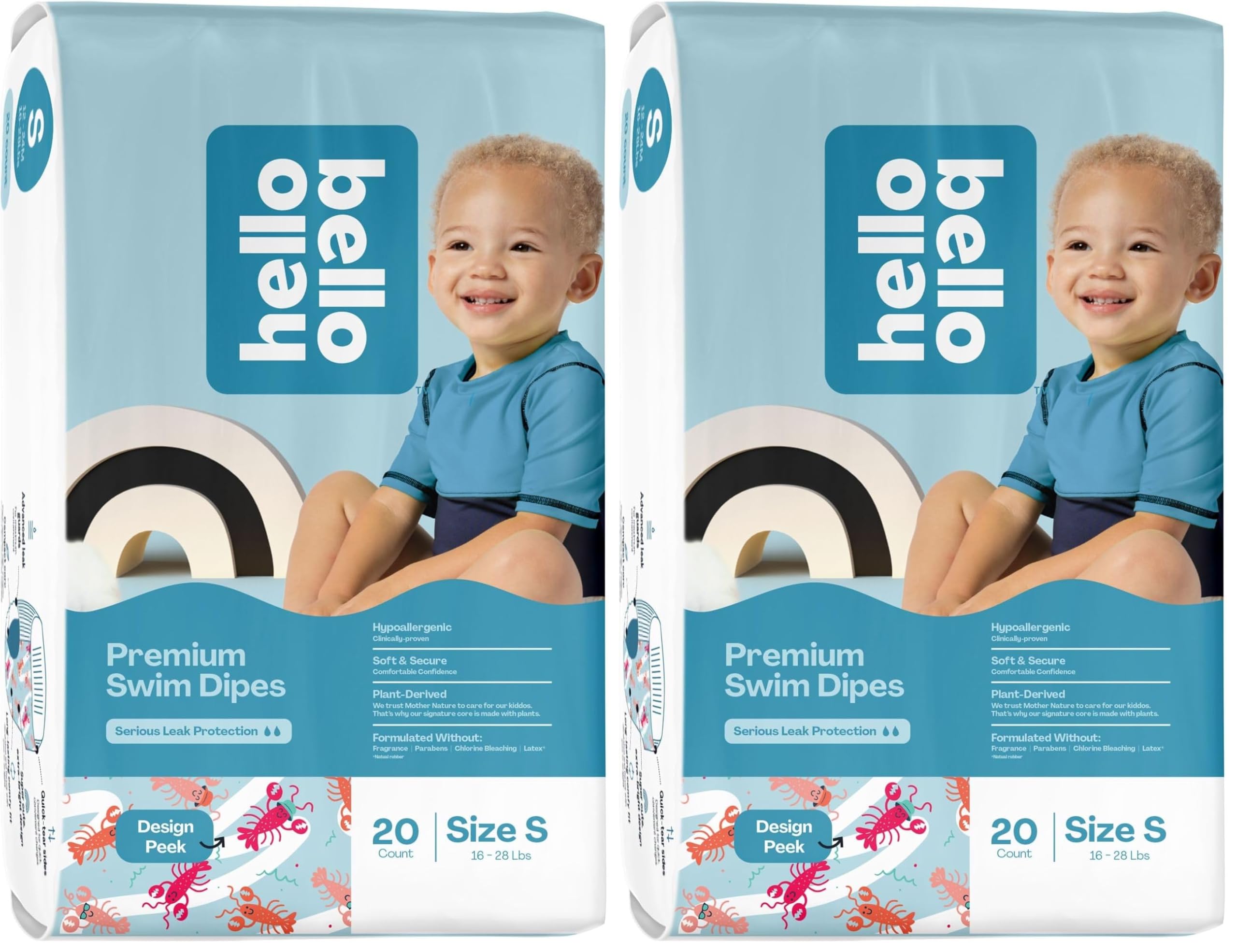 Hello Bello Premium Swim Diapers, Size S (16-28 lbs), Cute Extra-Bright Lobster Designs, 20 Count (Pack of 2)