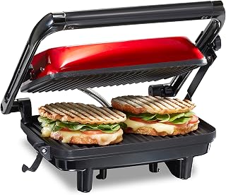 Hamilton Beach 25462Z Panini Press: Nonstick 10x8 Grids, Locking Lid Fits Thick Sandwiches, Quesadillas & More, Red