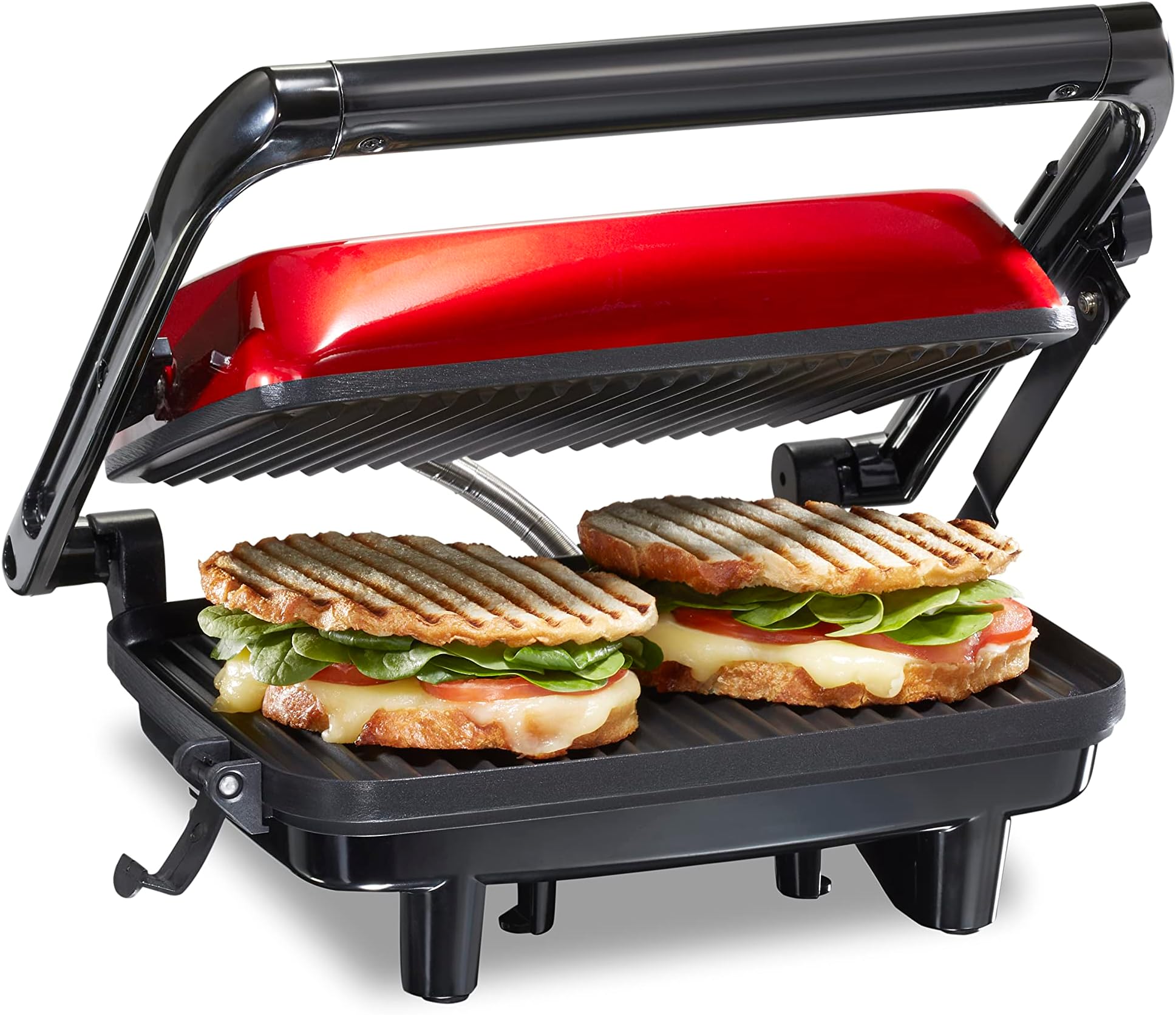 Panini Press Sandwich Maker & Electric Indoor Grill with Locking Lid, Opens Wide to Fit Any Thickness for Quesadillas, Burgers & More, Nonstick 8" x 10" Grids, Red (25462Z)