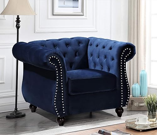 Miniatura 10 de Feinstein - Sofá Chesterfield de terciopelo moderno para sala de estar con cabezas de clavos, acolchado de diamante y marco de metal duradero, sofá,