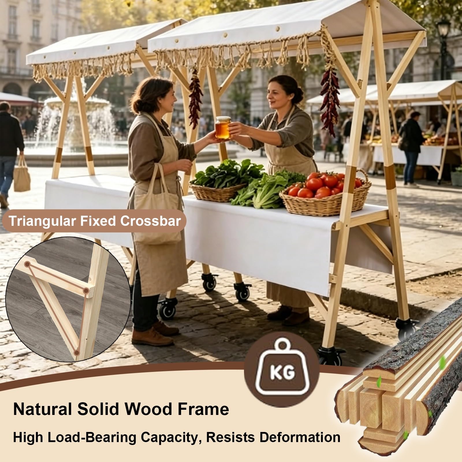 Carro De Comida De Madera con Ruedas, Puesto De Venta Plegable, Carrito De Exhibición Portátil con Toldo Y Mantel, para Mercados Callejeros, Ferias(Red,150cm/59in)