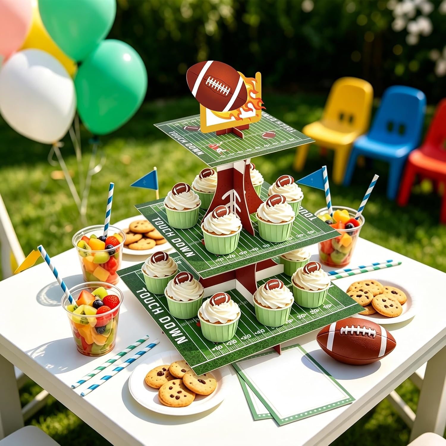 3 Tier Football Cupcake Stand Touchdown Cardboard Dessert Tower Football Theme Party Decorations for Boys Men Sports Birthday Baby Shower Tailgate Party Supplies