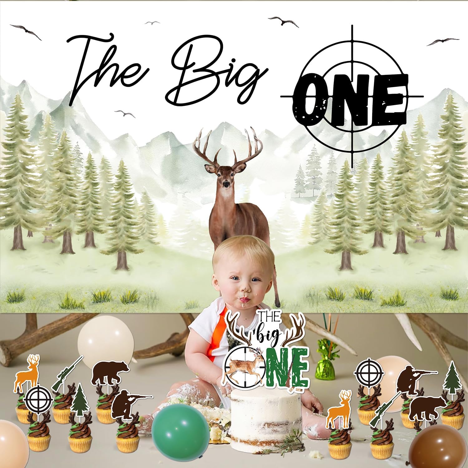 Deer Hunting Theme 1st Birthday Party Decorations - The Big One Backdrop, High Chair Banner, Camo Deer Hunting Cake Topper, Latex Balloons