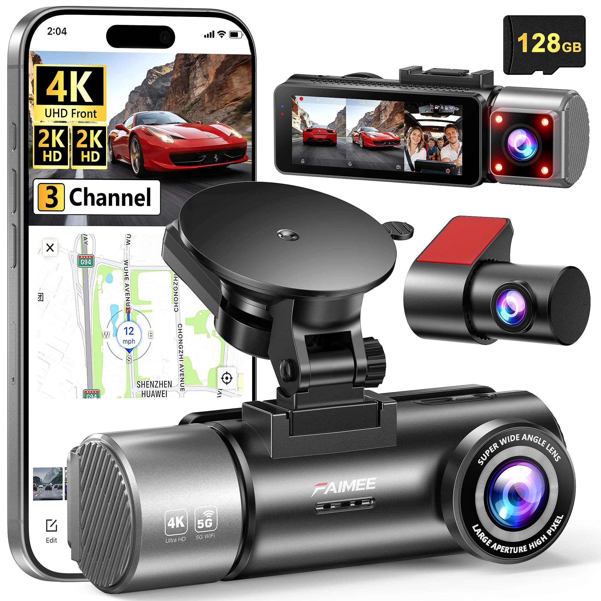 4K+2K+2K 3 Channel Dash Cam Front and Rear, 128GB Card Included, Dash Camera for Cars 5.8G/2.4G Dual Wifi, Built-in GPS, Night Vision, WDR, 170°Wide