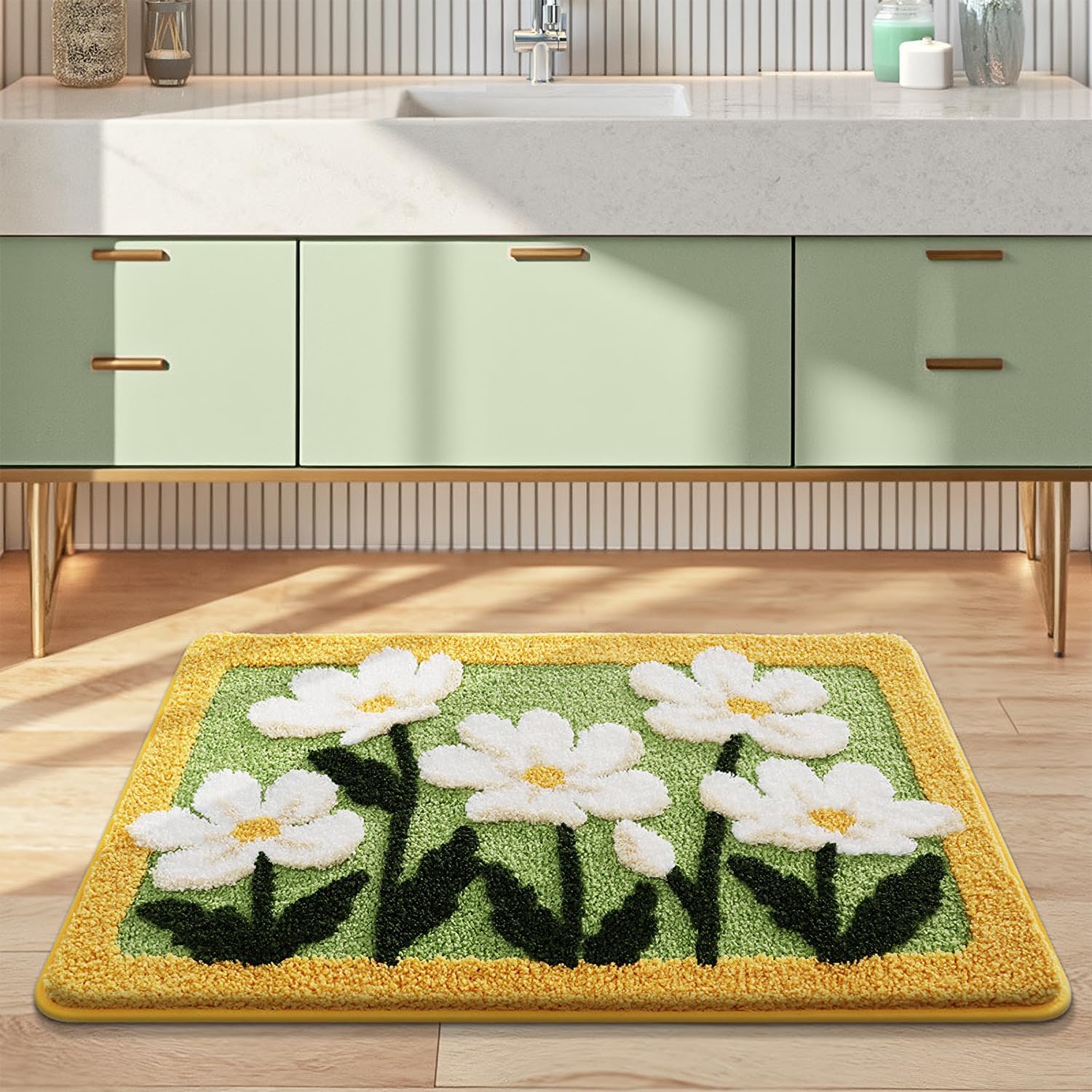 Premium Bath Rug Mat - Super Absorbent, Non-Slip Bathroom Carpet with Thick Plush, Soft and Durable for Bathroom, Kitchen, Machine Washable, 20" x 31", White Flowers