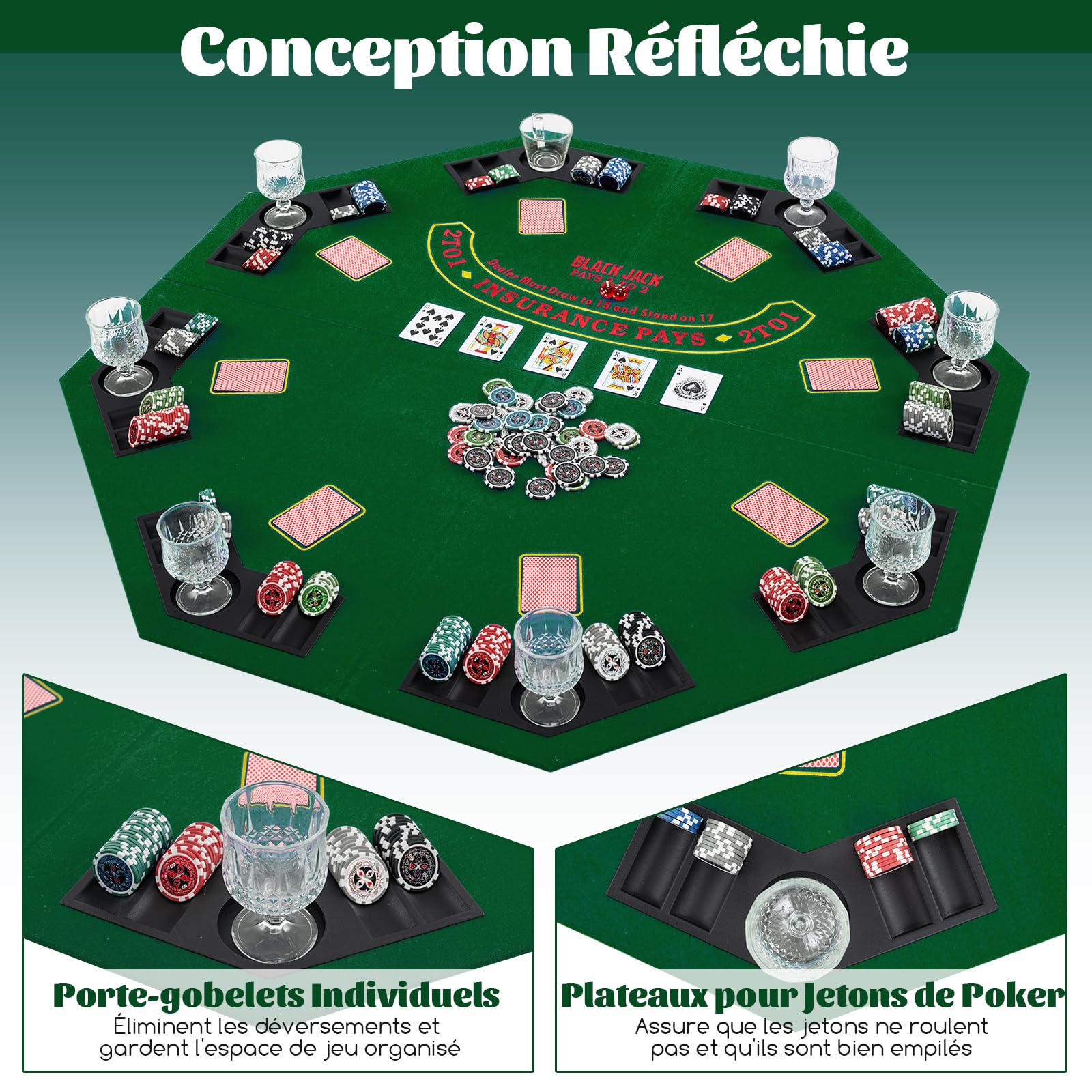 COSTWAY Plateau de Poker Pliable 120x120cm Octogonal pour 8 Joueurs, Tapis de Table de Poker avec Porte-Gobelets & Plateaux à Jetons, Sac de Transport, Support de Poker pour Casino