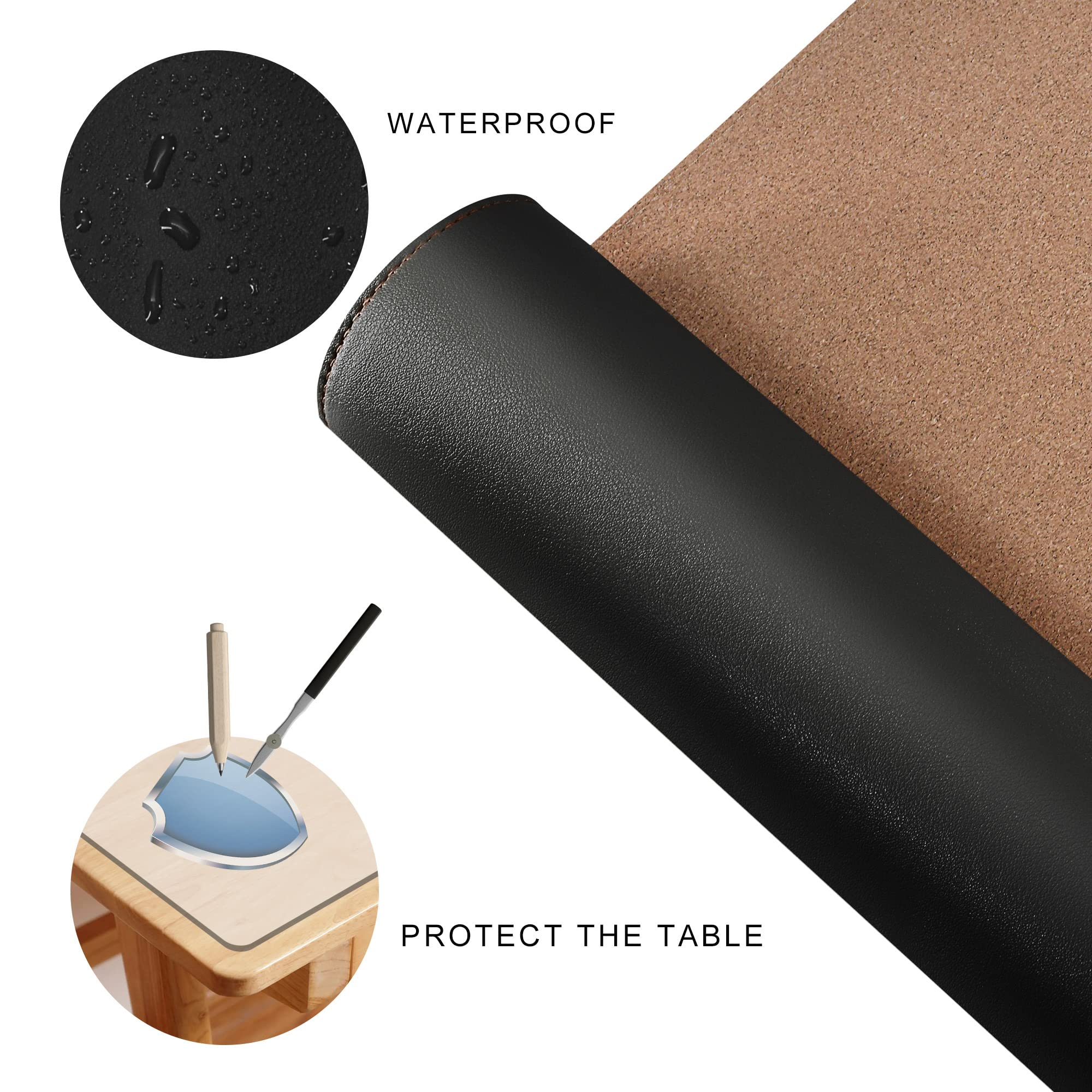 MAIDERN Tappetino Scrivania pelle in Sughero angolare,120x120x40cm sottomano scrivania bifacciale a forma di L,Tappetino per Mouse impermeabile e antiscivolo ，per Casa/Ufficio(Nero)