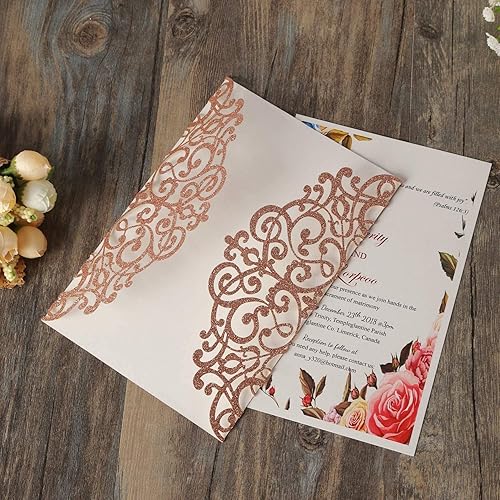 Miniatura 5 de Hosmsua 50 tarjetas de invitación personalizadas cortadas con láser con lazo borgoña y sobres de 5.12 x 7.3 pulgadas, invitaciones de boda de flora