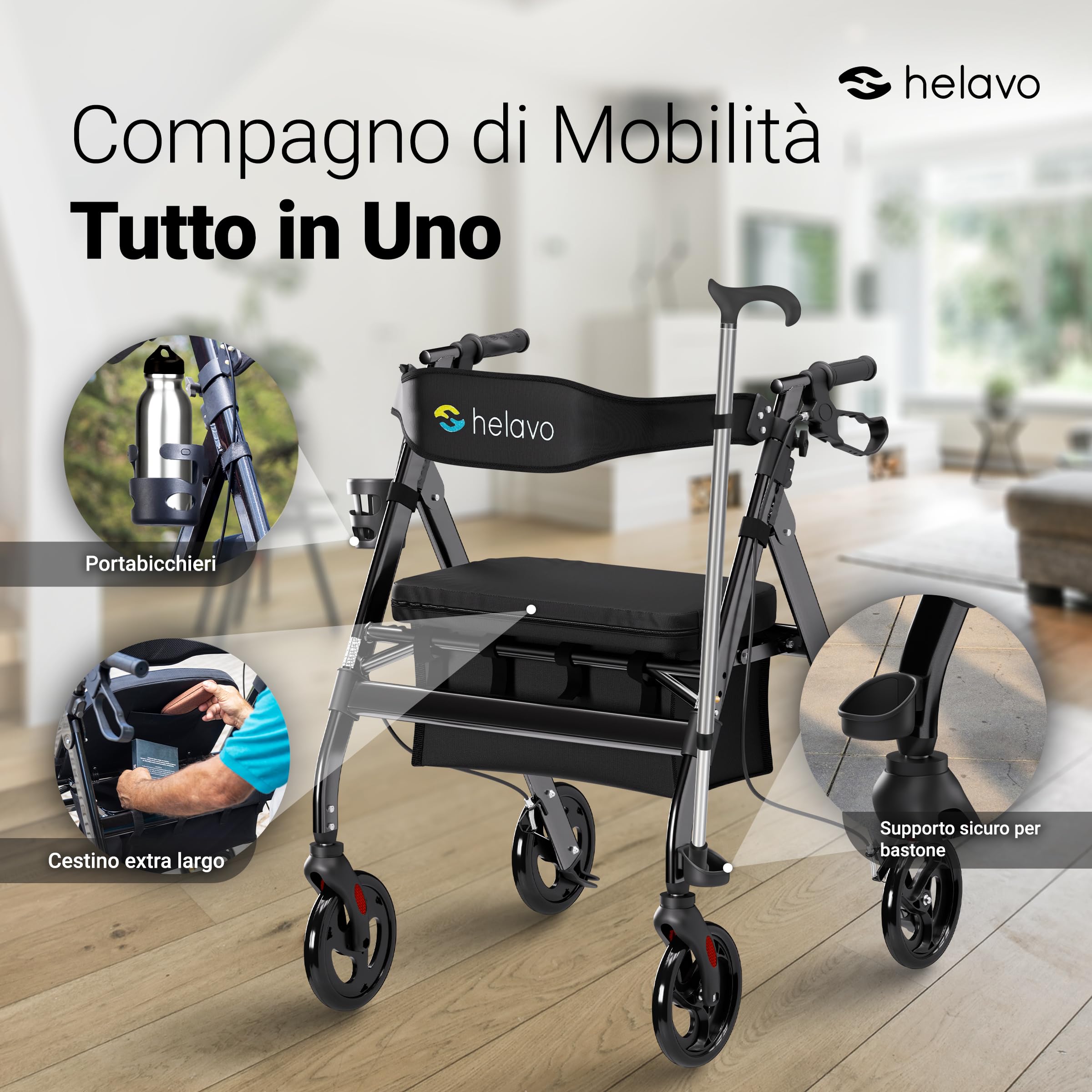 HELAVO deambulatore per anziani extra largo con ampio sedile regolabile in altezza - Rollator pieghevole per impieghi gravosi in alluminio - Capacità di carico fino a 226 kg