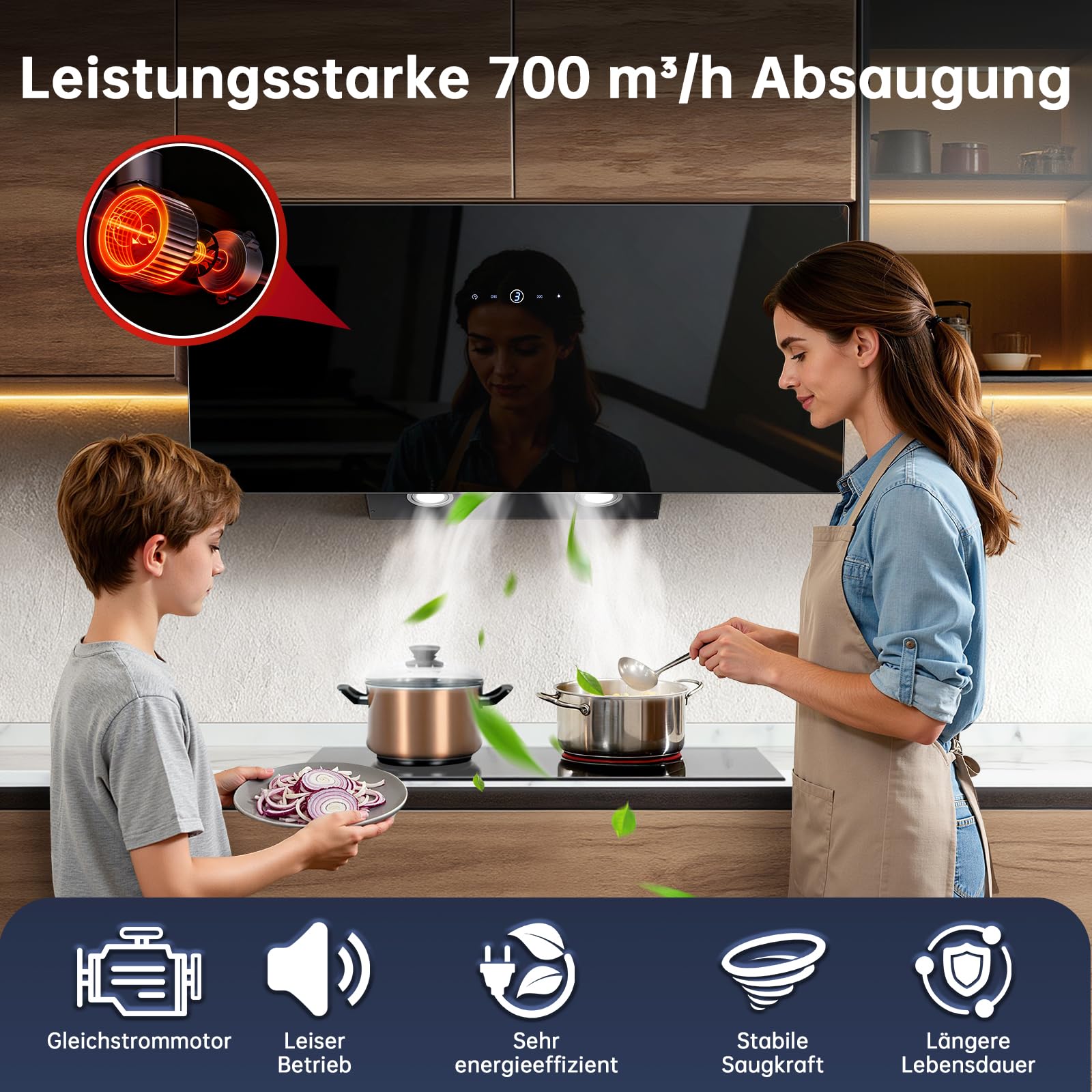 SNDOAS Okap kuchenny 90 cm, siła ssąca 600 m³/h, klasa efektywności energetycznej A++, 3 stopnie + ekran dotykowy Booster, filtr z węglem aktywnym do pracy z powietrzem wylotowym/obiegowym