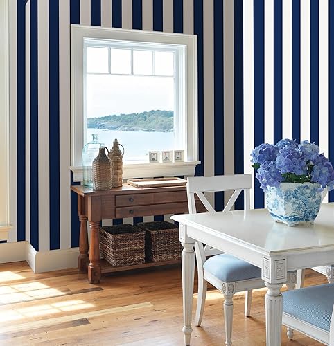 Miniatura 7 de Erfoni Papel tapiz de rayas de 17.7 x 118 pulgadas, papel de contacto azul y blanco, a rayas azul oscuro, papel tapiz autoadhesivo moderno, papel de