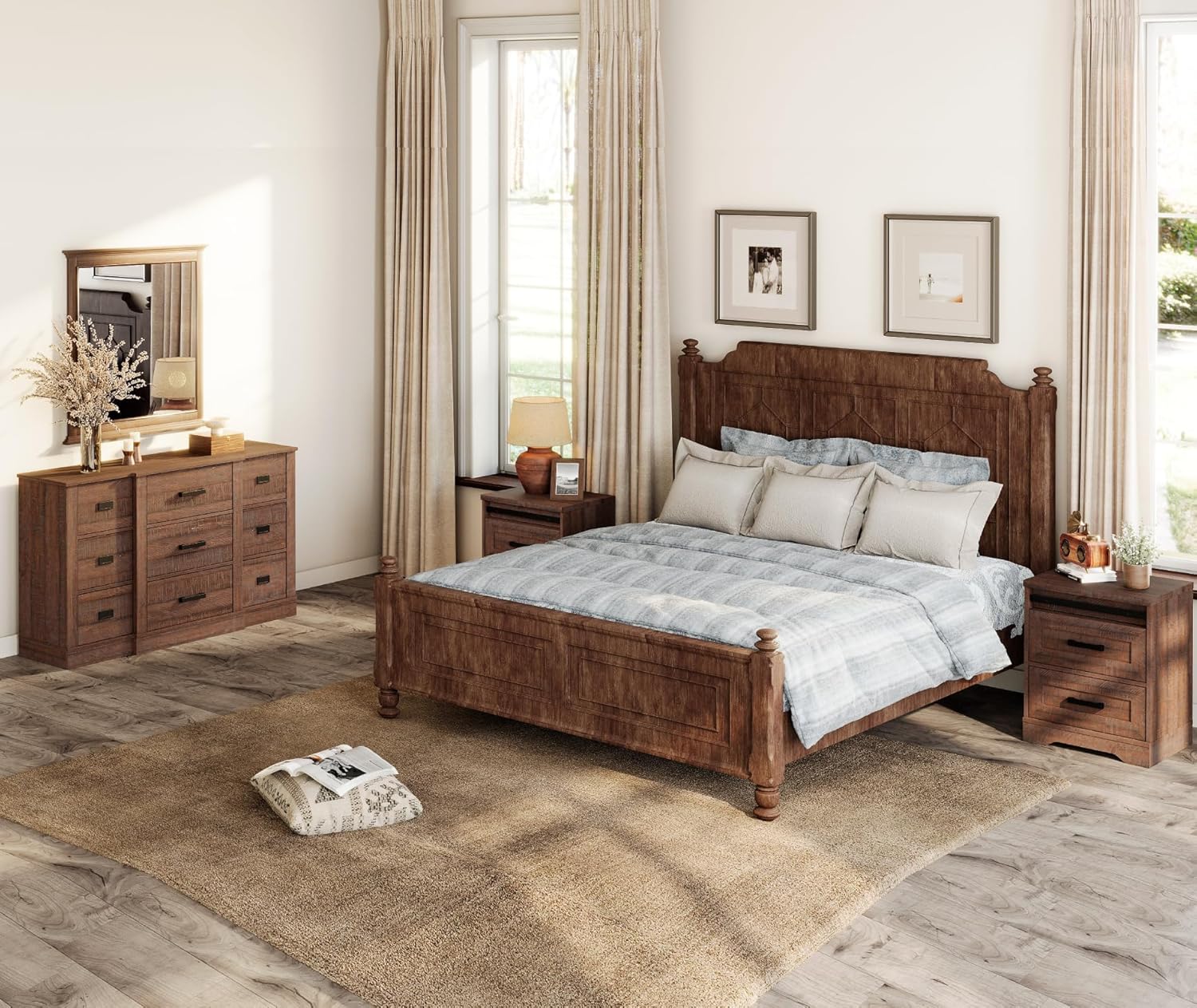 WAMPAT 3-Piece Farmhouse 9 Drawers Dresser and Nightstand Set for Bedroom,52.4" W Solid Wood Chest of 9 Drawers and 24.3" H Nightstand Set of 2 with Charging Station,Dark Brown