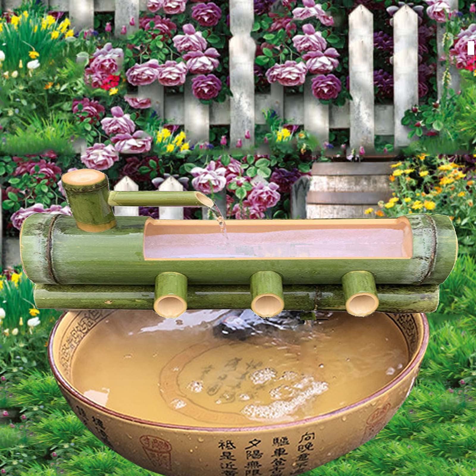 Fontaine d'extérieur Japonaise en Bambou, Trois Sorties d'eau, Fontaine Solaire décorative pour Jardin ou Salon, kit de Fontaine en Bambou, 95 cm x 70 cm