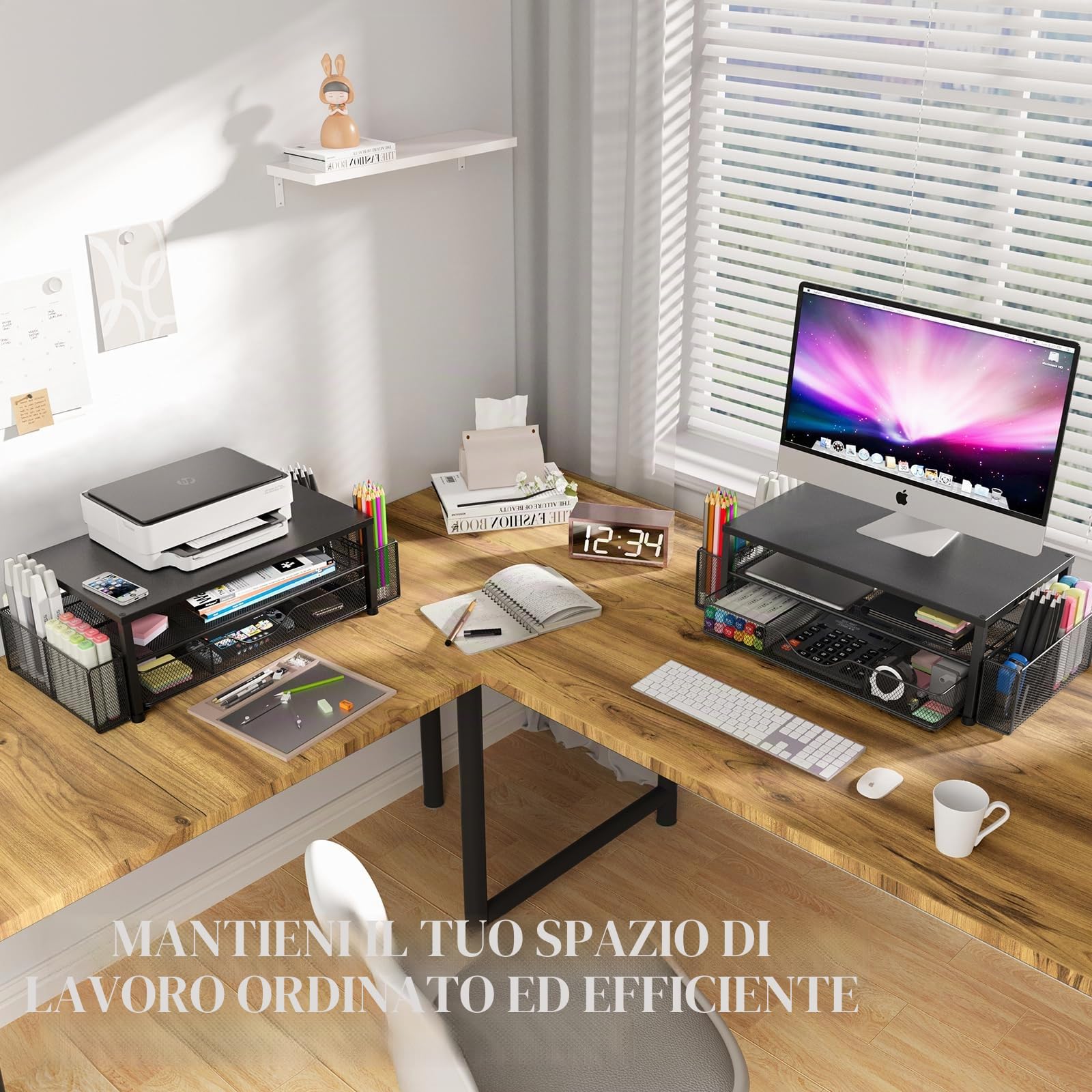 OPNICE Supporto per monitor a 2 livelli con cassetto e 2 portapenne, supporto per laptop, accessori da scrivania per ufficio, nero